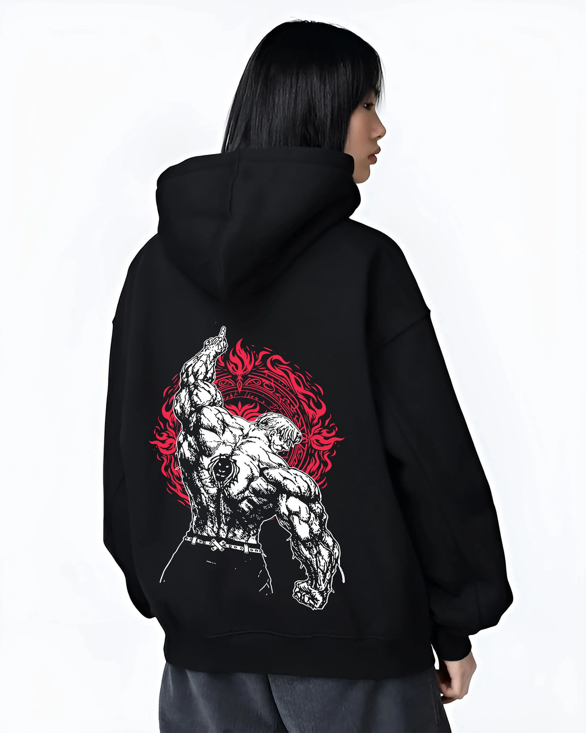 Black hoodie female model back view showing Escanor from Seven Deadly Sins: Sunshine power-up and Seven Deadly Sins