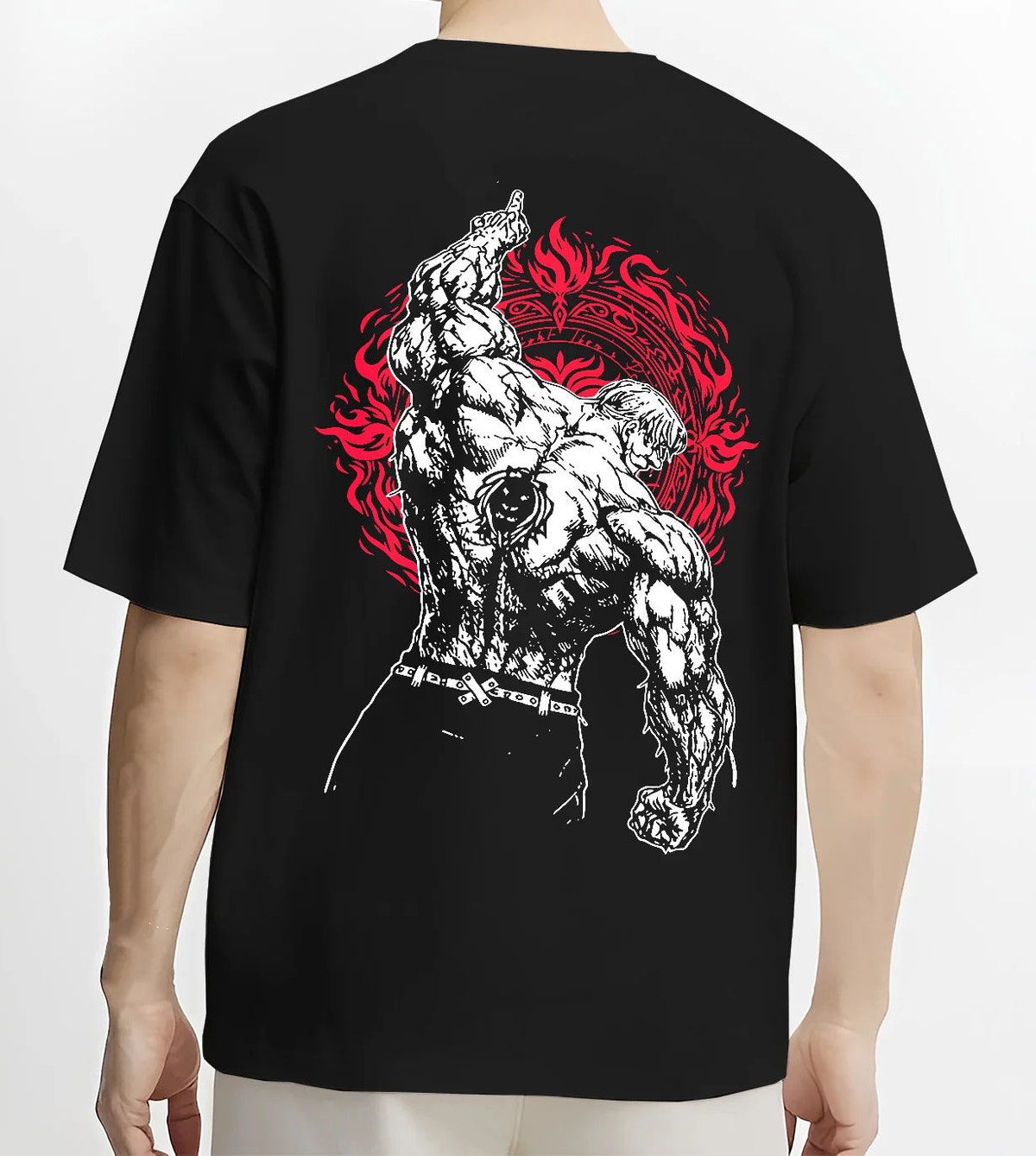 Black T-shirt model back view showing Escanor from Seven Deadly Sins: Sunshine power-up and Seven Deadly Sins