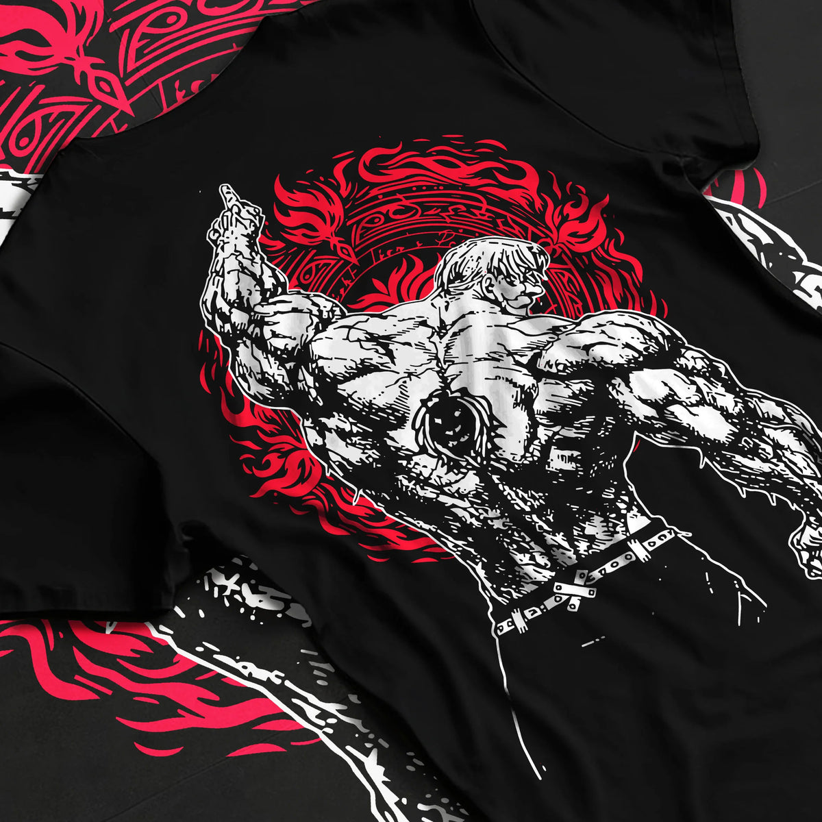 Black T-shirt flat back view showing Escanor from Seven Deadly Sins: Sunshine power-up and Seven Deadly Sins