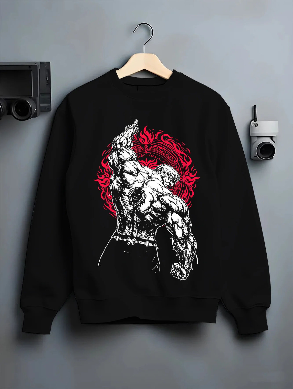 Black crewneck sweatshirt on hanger showing Escanor from Seven Deadly Sins: Sunshine power-up and Seven Deadly Sins