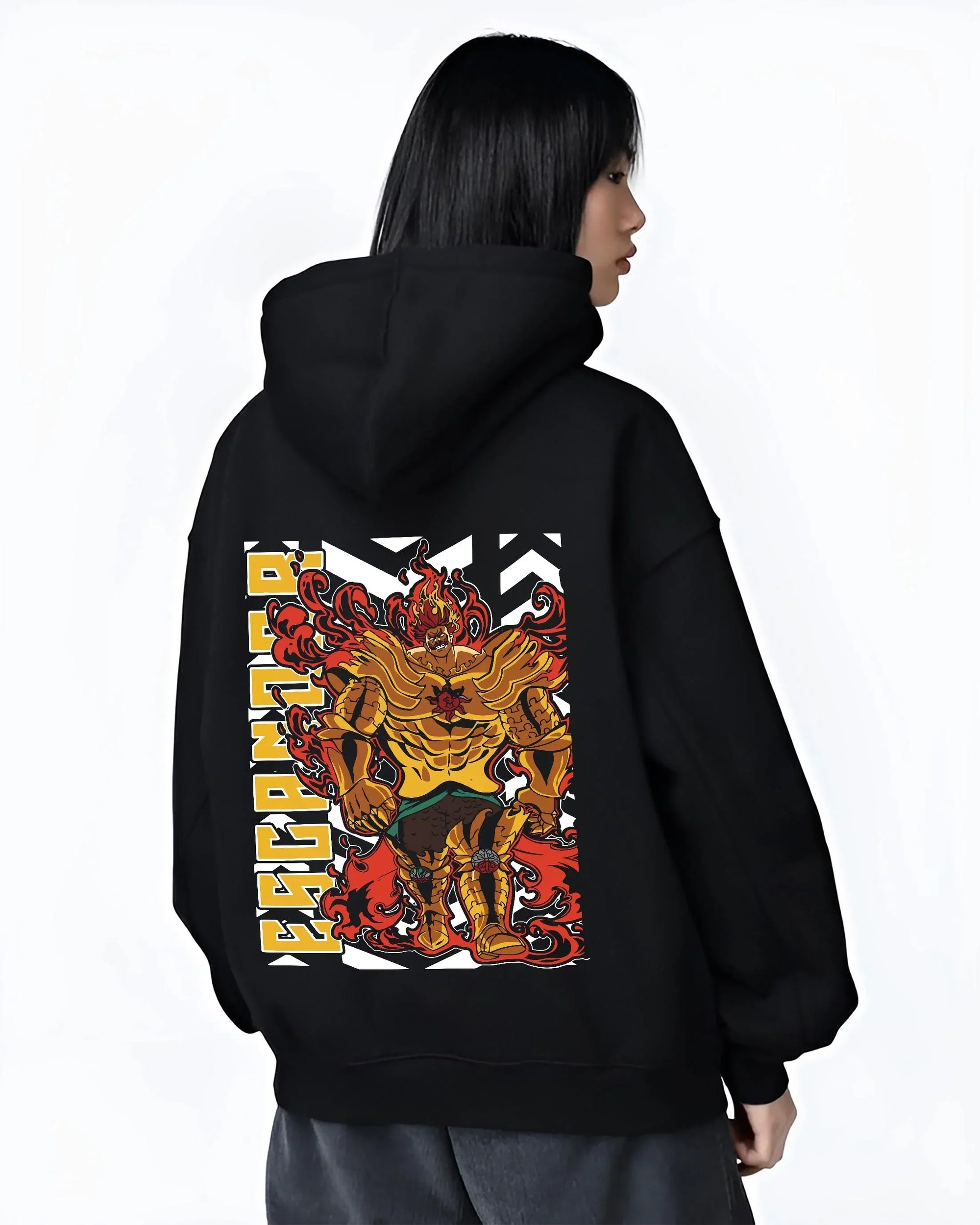 Black hoodie worn by female model, back view with Escanor Hoodie Seven Deadly Sins Lion Sin Sunshine graphic streetwear graphic.