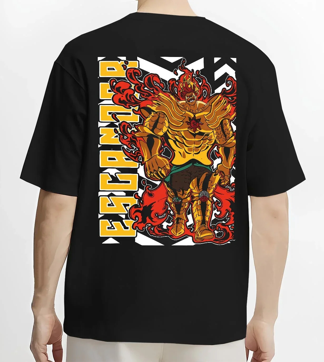 Black T-shirt worn by male model, back view with Escanor Hoodie Seven Deadly Sins Lion Sin Sunshine graphic premium wear.
