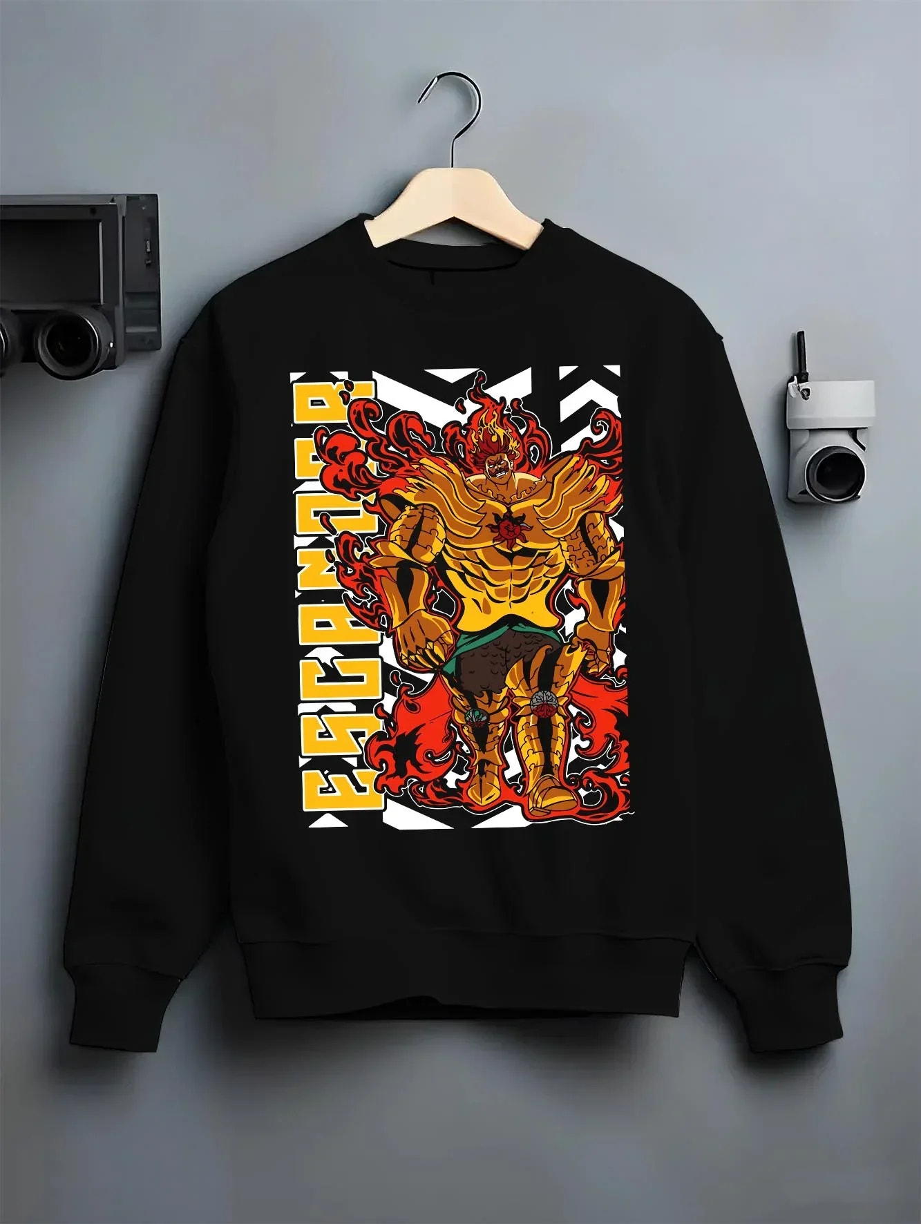 Black crewneck sweatshirt on hanger with Escanor Hoodie Seven Deadly Sins Lion Sin Sunshine graphic streetwear graphic.