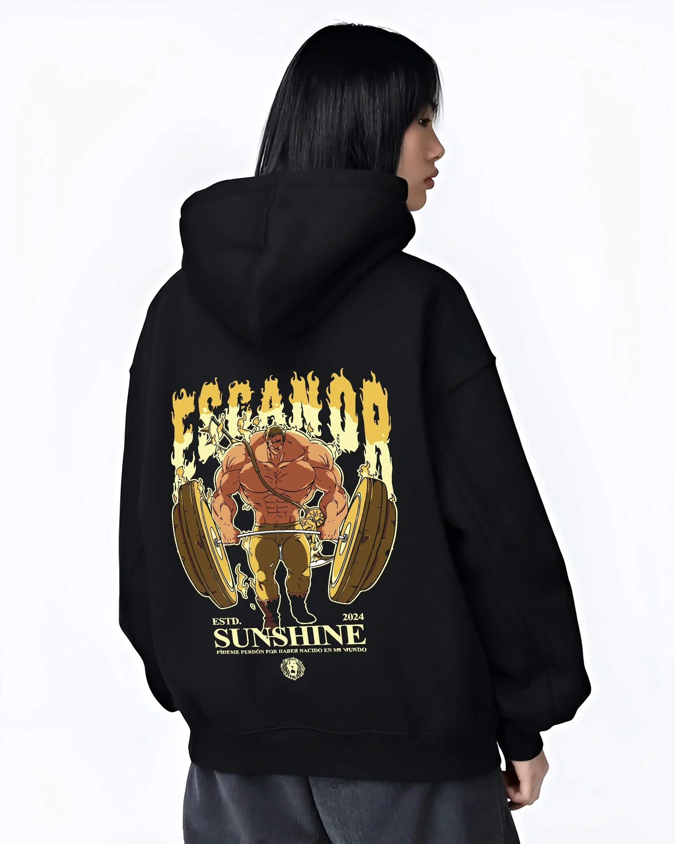 Black hoodie worn by female model, back view with Escanor Hoodie Seven Deadly Sins Golden Muscle Form graphic premium wear.