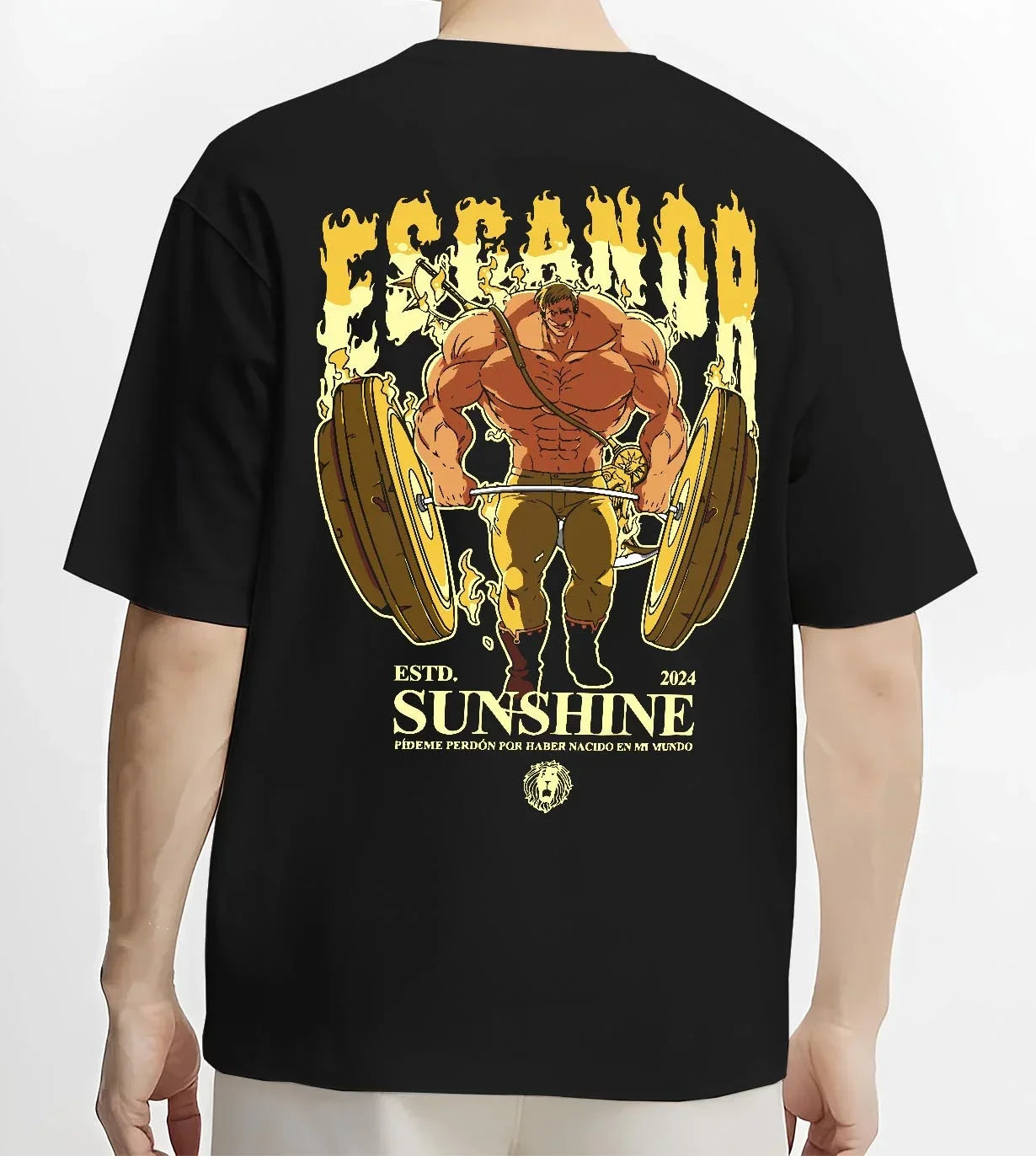 Black T-shirt worn by male model, back view with Escanor Hoodie Seven Deadly Sins Golden Muscle Form graphic bold anime graphic.
