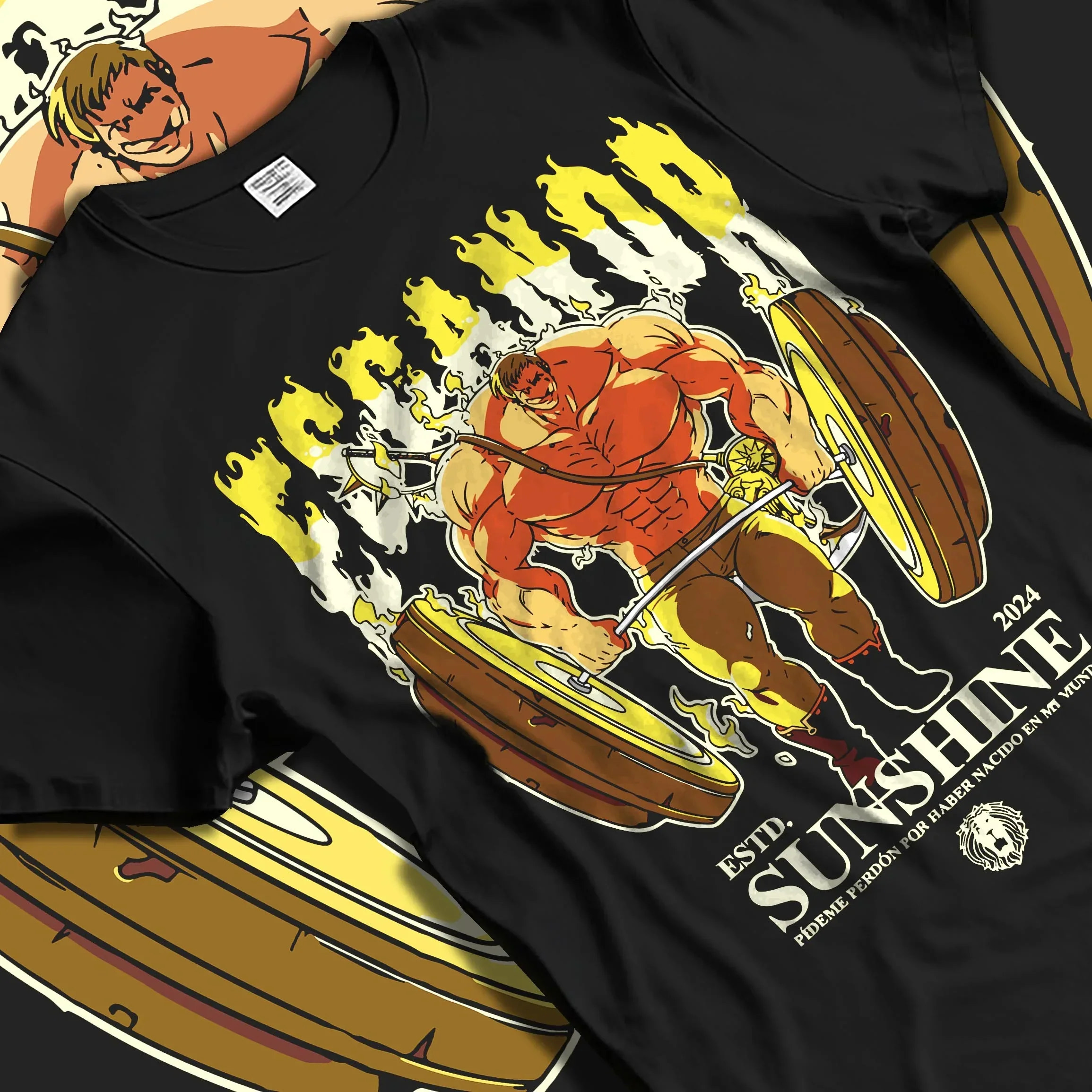 Black T-shirt laid flat with natural folds with Escanor Hoodie Seven Deadly Sins Golden Muscle Form graphic bold anime graphic.