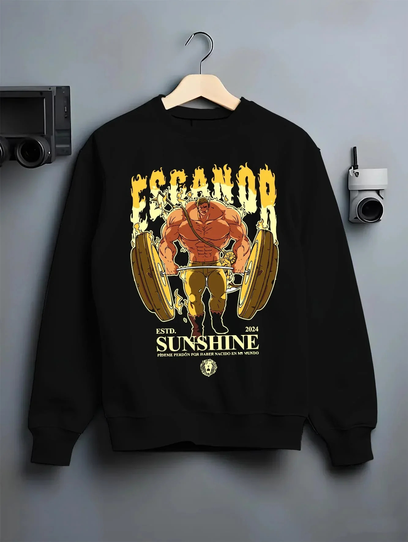 Black crewneck sweatshirt on hanger with Escanor Hoodie Seven Deadly Sins Golden Muscle Form graphic streetwear graphic.