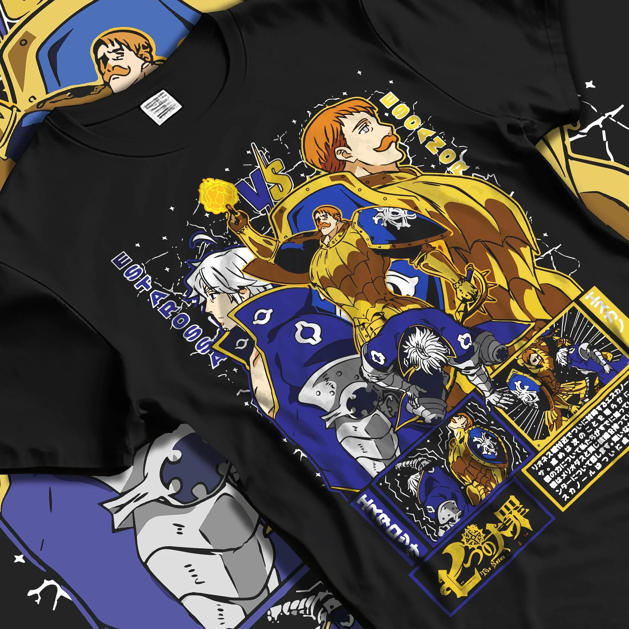 Black T-shirt laid flat with natural folds with Escanor Hoodie Seven Deadly Sins Flame Lion Warrior graphic bold anime graphic.