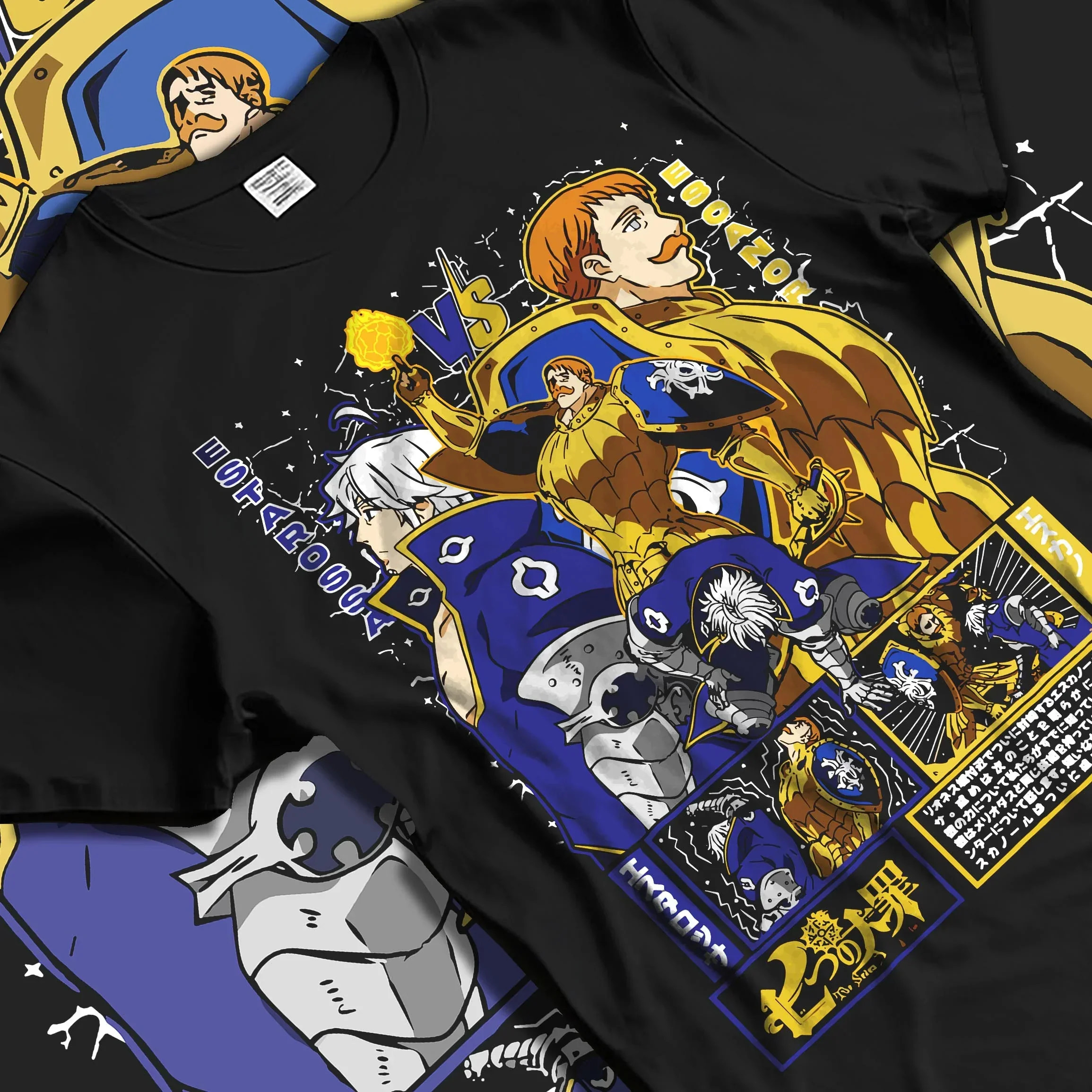 Black T-shirt laid flat with natural folds with Escanor Hoodie Seven Deadly Sins Flame Lion Warrior graphic bold anime graphic.