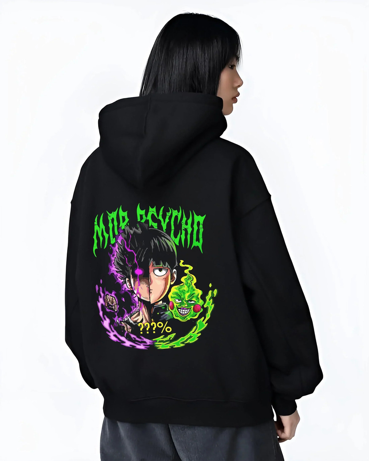 Black hoodie worn by female model, back view with Mob Psycho 100 Hoodie Shigeo Kageyama Esper Jumper graphic bold anime graphic.
