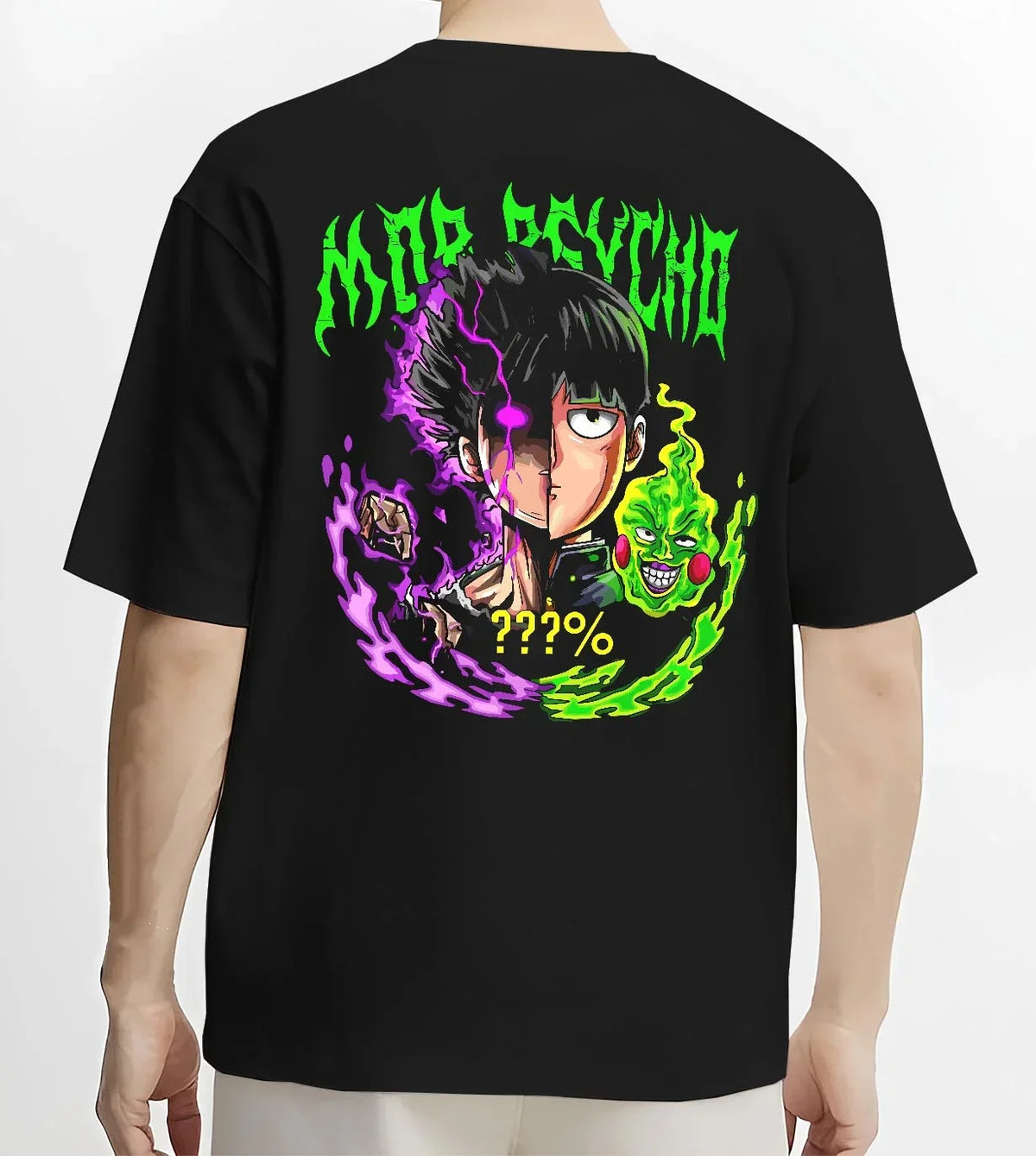 Black T-shirt worn by male model, back view with Mob Psycho 100 Hoodie Shigeo Kageyama Esper Jumper graphic premium wear.