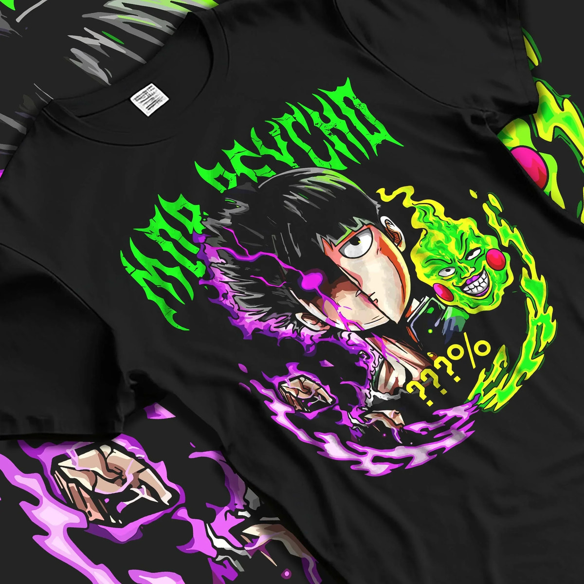 Black T-shirt laid flat with natural folds with Mob Psycho 100 Hoodie Shigeo Kageyama Esper Jumper graphic bold anime graphic.