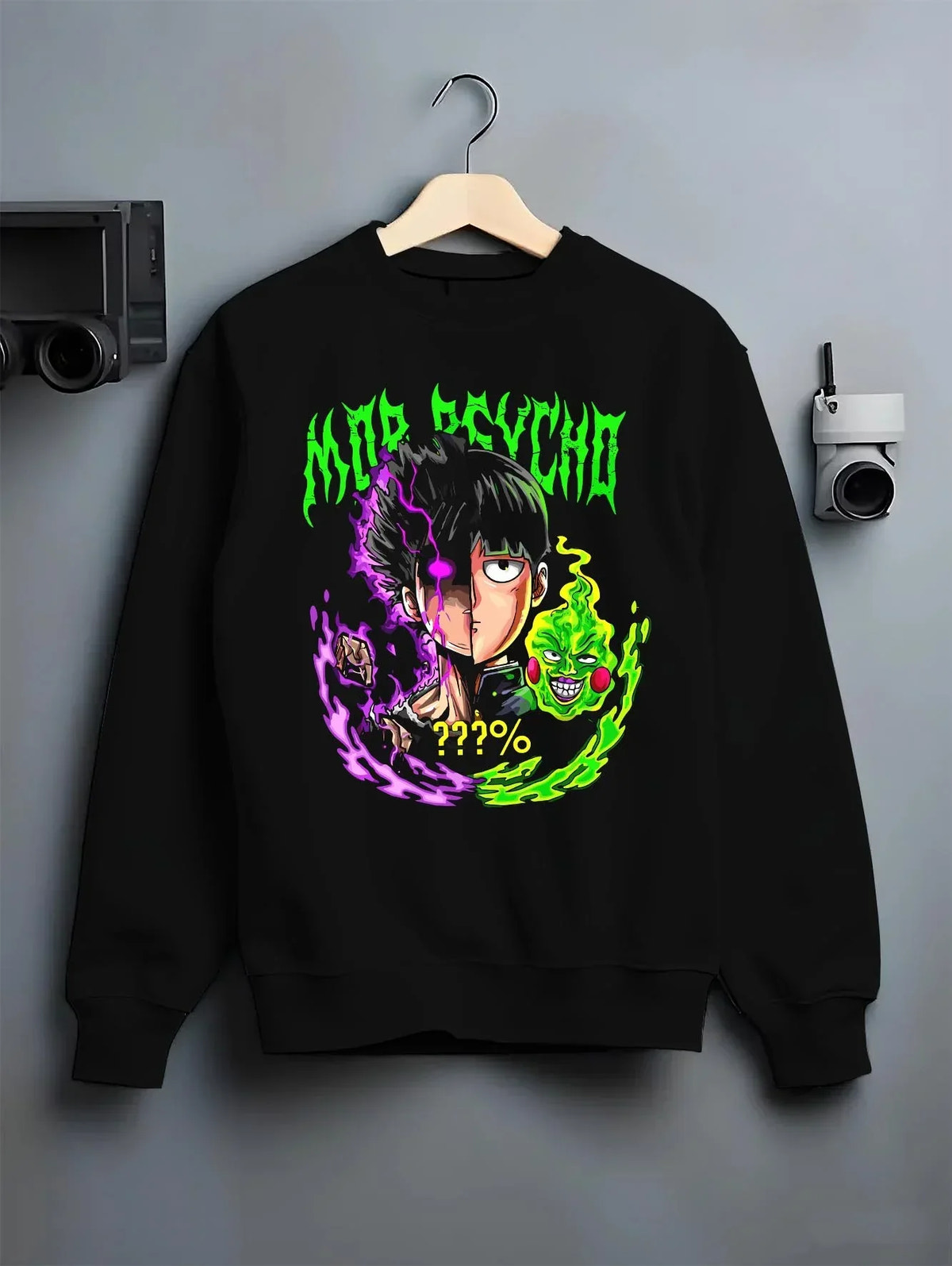 Black crewneck sweatshirt on hanger with Mob Psycho 100 Hoodie Shigeo Kageyama Esper Jumper graphic premium wear.