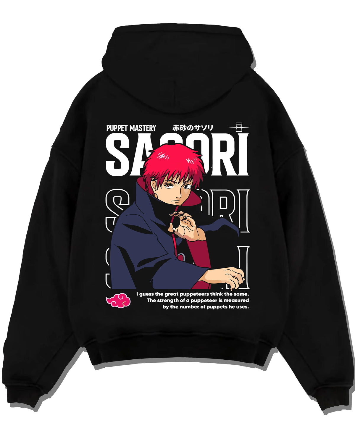 Black hoodie laid flat featuring Sasori Naruto puppet master Akatsuki artwork.