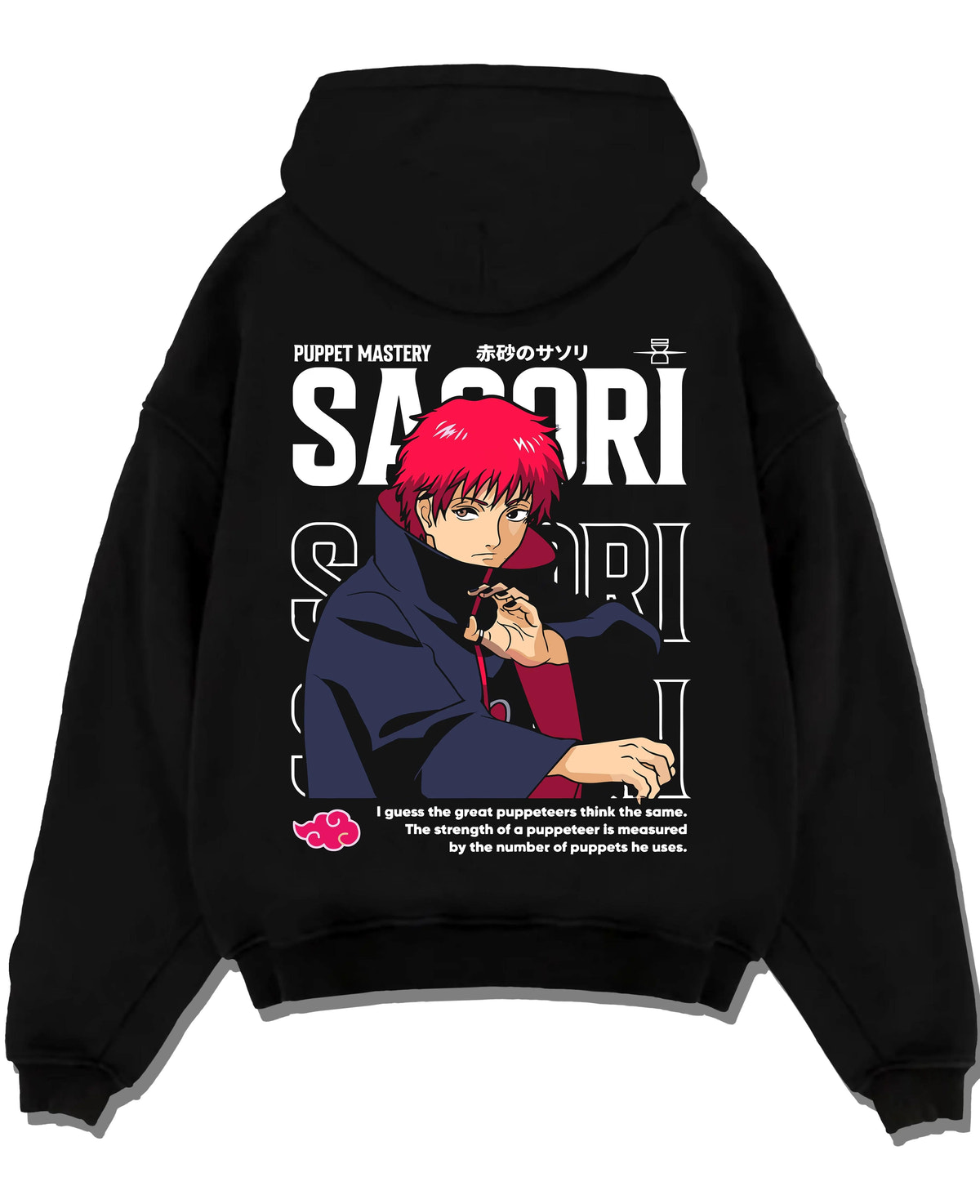 Black hoodie laid flat featuring Sasori Naruto puppet master Akatsuki artwork.