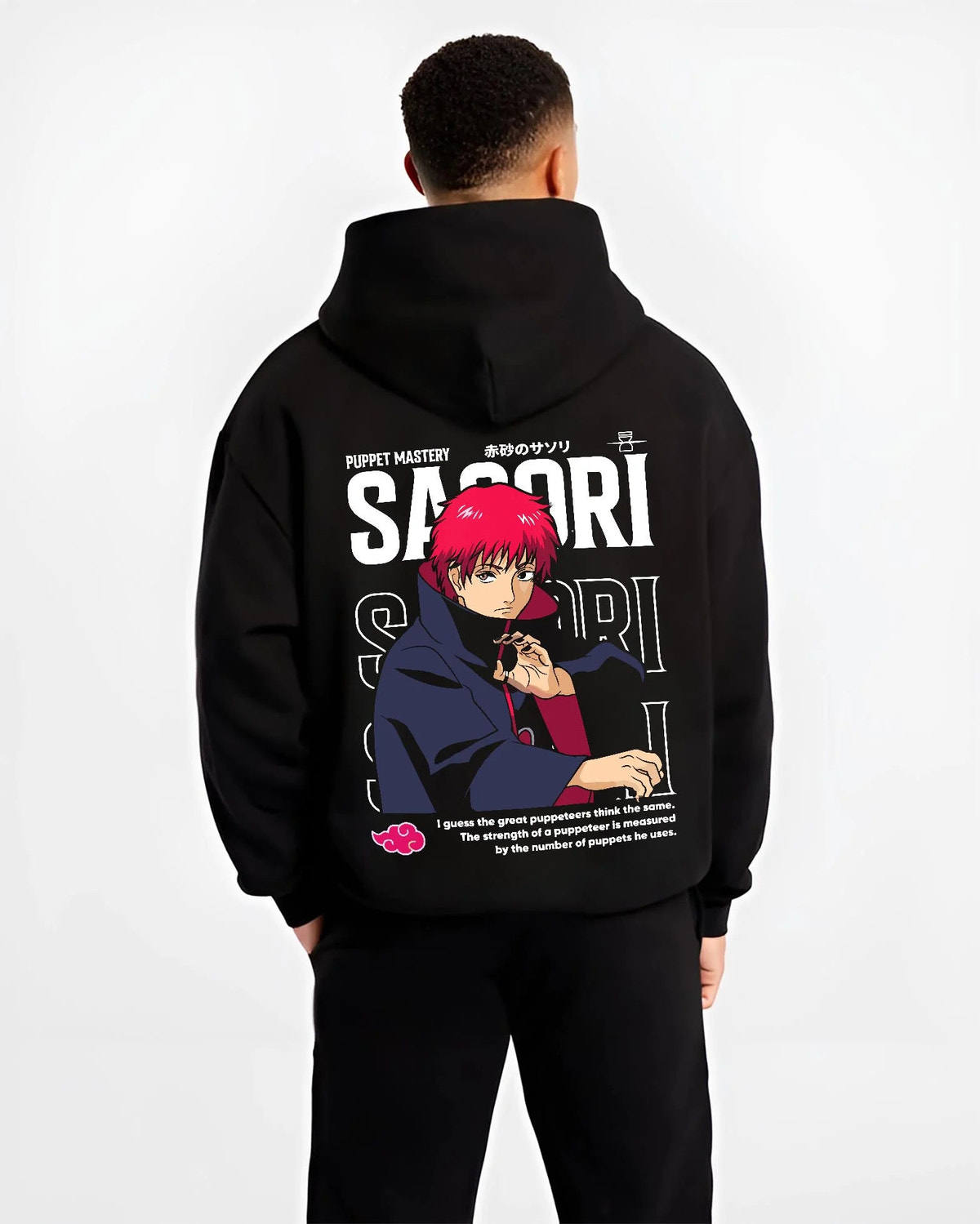 Black hoodie worn by male model from the back featuring Sasori Naruto puppet master Akatsuki artwork.