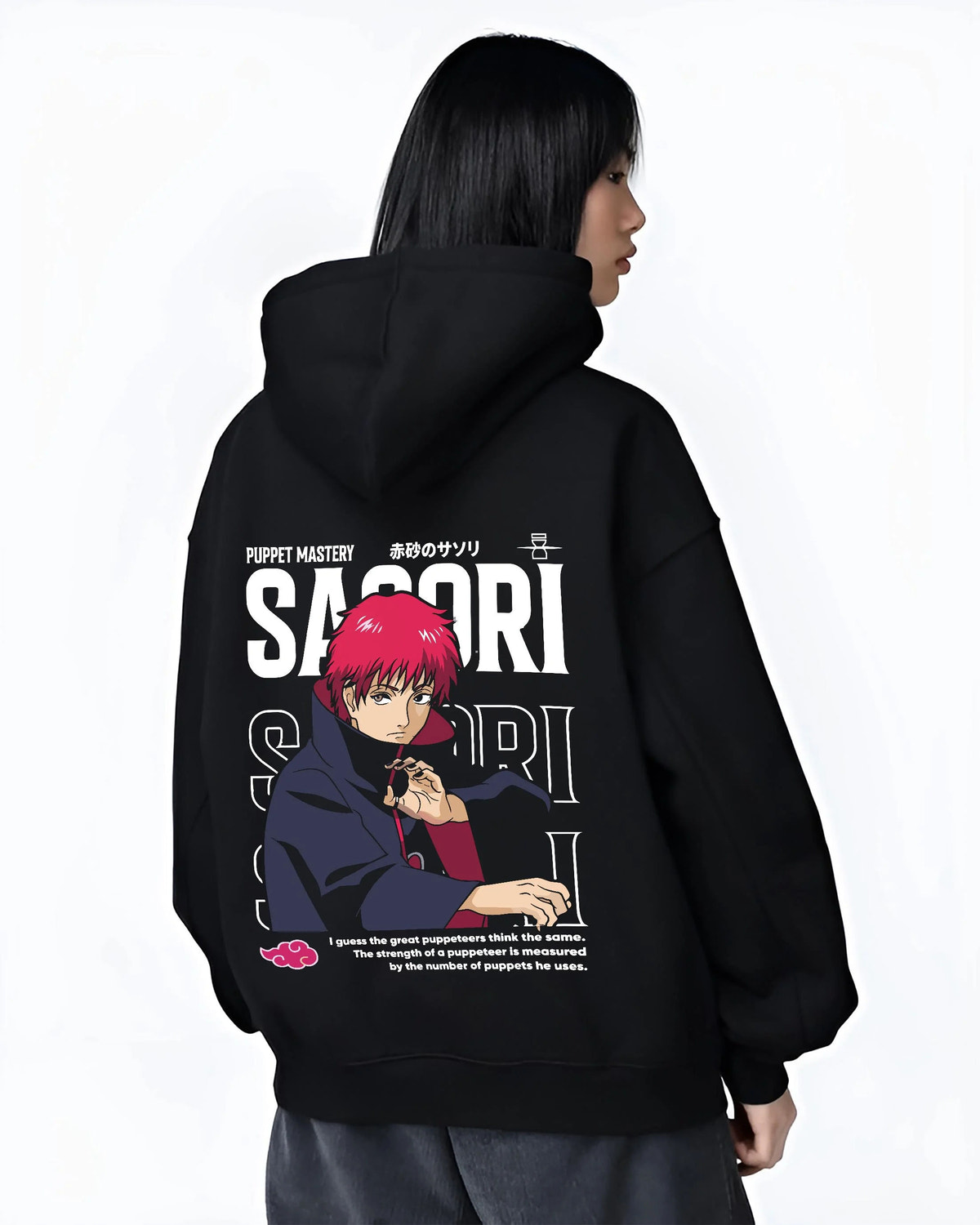 Black hoodie worn by female model from the back featuring Sasori Naruto puppet master Akatsuki artwork.