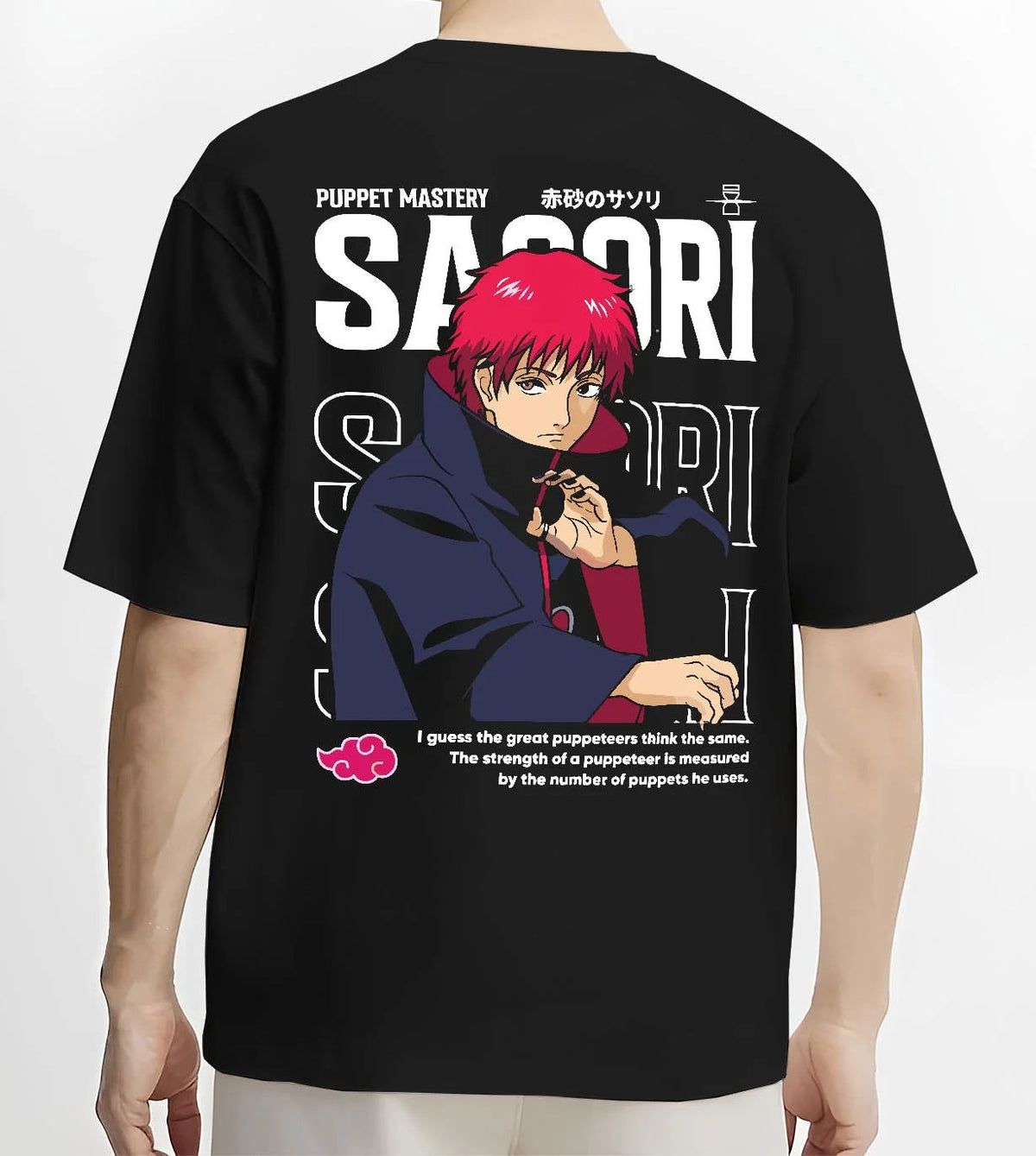 Black T-shirt worn by male model from the back featuring Sasori Naruto puppet master Akatsuki artwork.