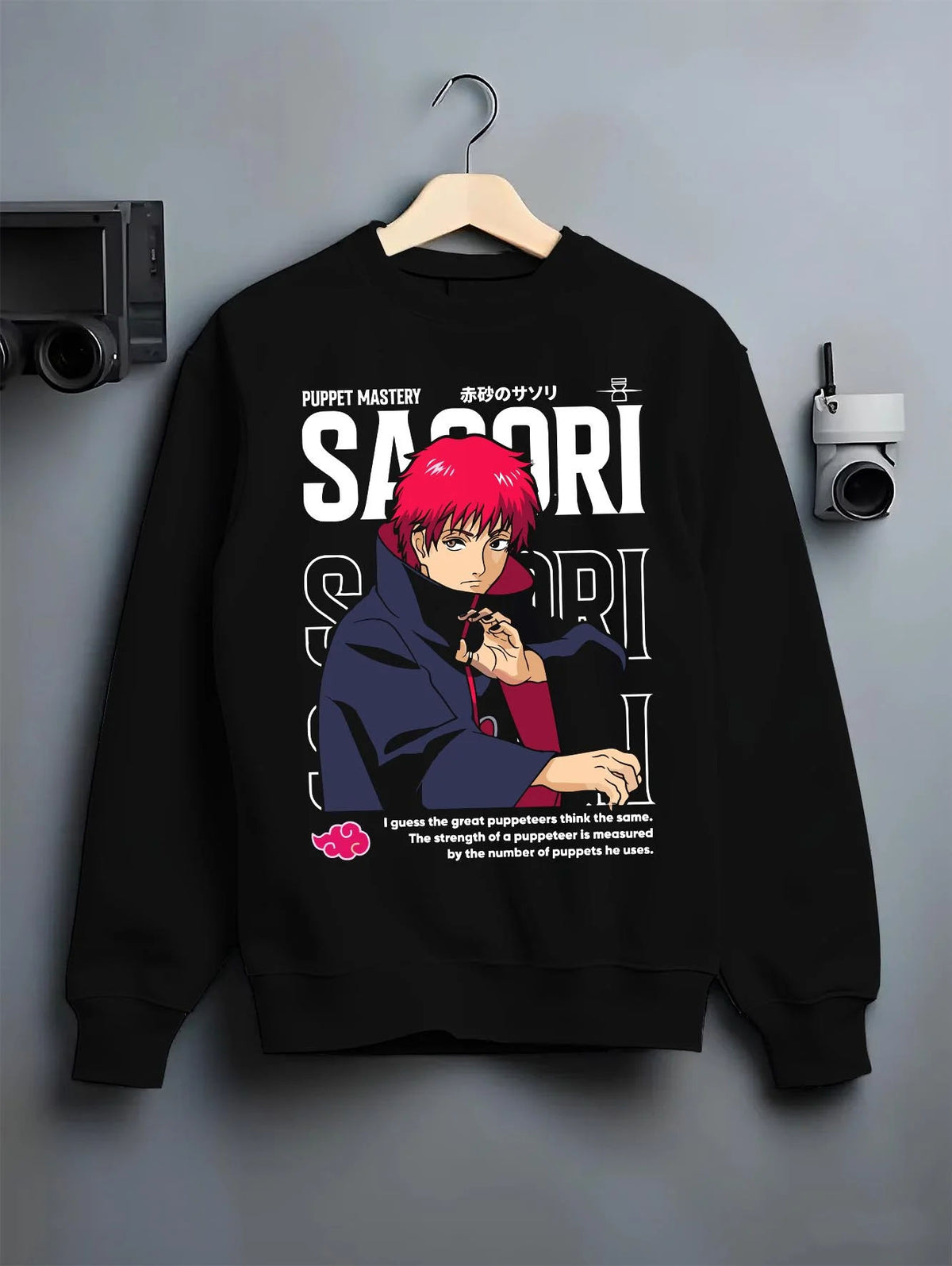 Black crewneck sweatshirt on hanger featuring Sasori Naruto puppet master Akatsuki artwork.