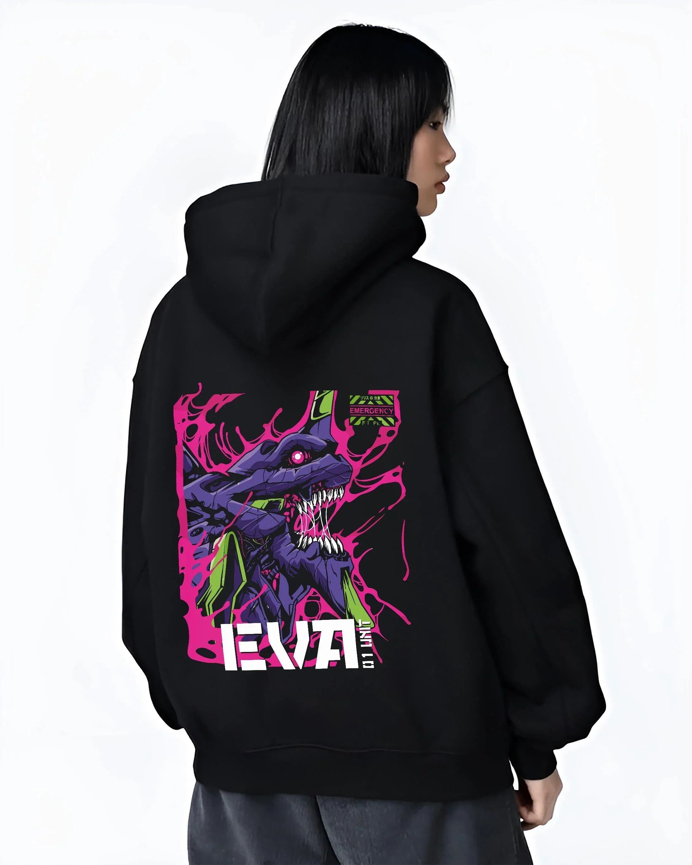 Black hoodie worn by female model, back view with Evangelion Unit 01 Hoodie Neon Genesis Mecha Purple graphic bold anime graphic.