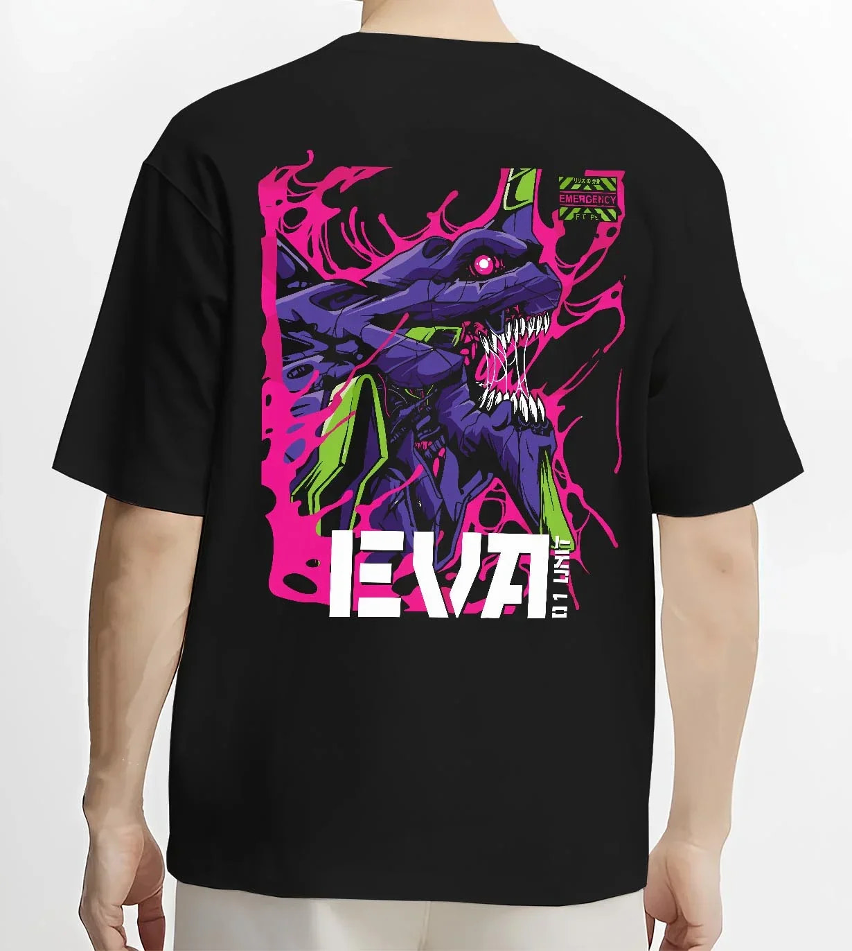 Black T-shirt worn by male model, back view with Evangelion Unit 01 Hoodie Neon Genesis Mecha Purple graphic bold anime graphic.