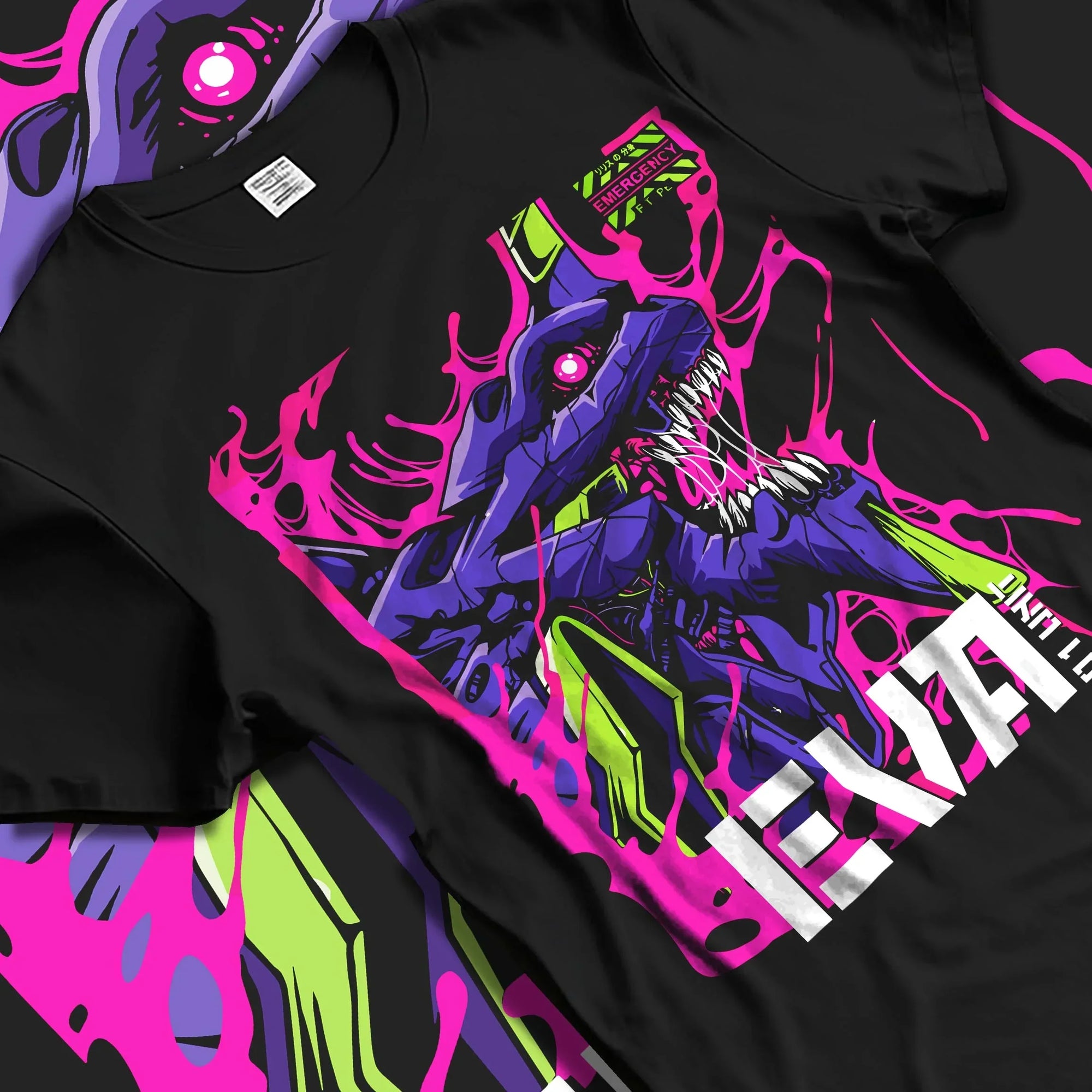 Black T-shirt laid flat with natural folds with Evangelion Unit 01 Hoodie Neon Genesis Mecha Purple graphic bold anime graphic.