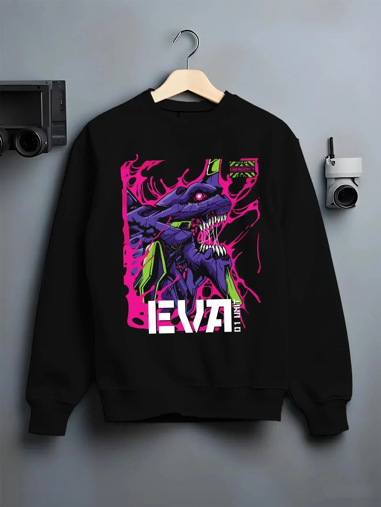 Black crewneck sweatshirt on hanger with Evangelion Unit 01 Hoodie Neon Genesis Mecha Purple graphic premium wear.