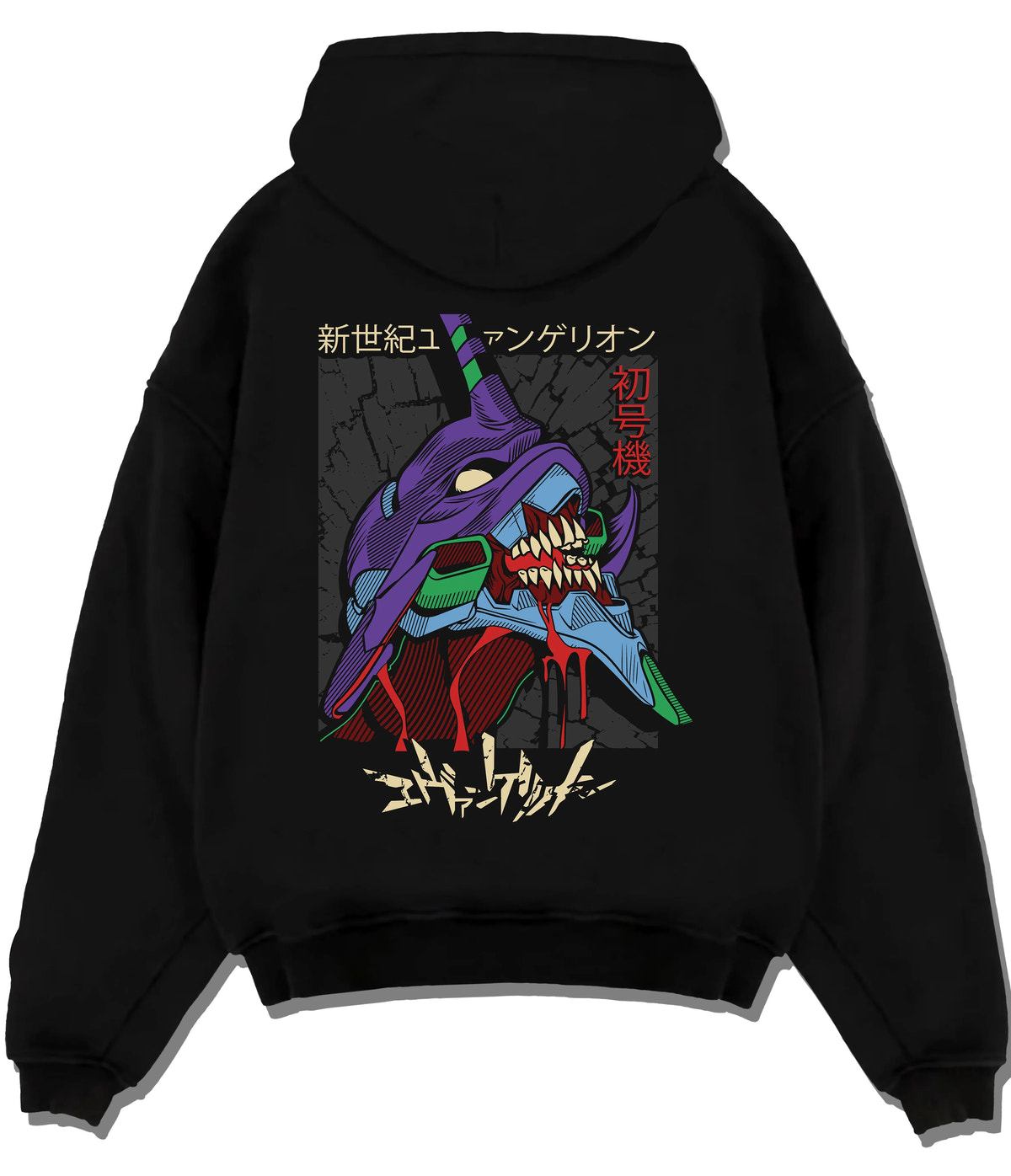 Black hoodie flat back view showing Evangelion Unit-01: purple Unit-01 mechanical face