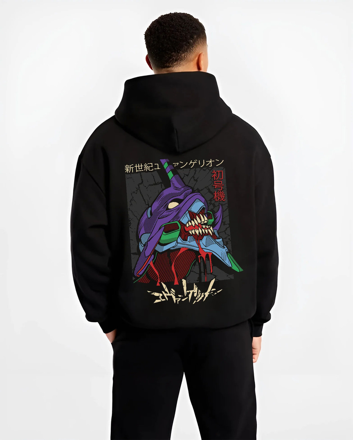 Black hoodie model back view showing Evangelion Unit-01: purple Unit-01 mechanical face