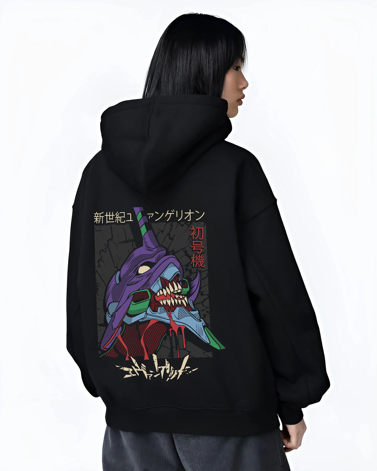 Black hoodie female model back view showing Evangelion Unit-01: purple Unit-01 mechanical face