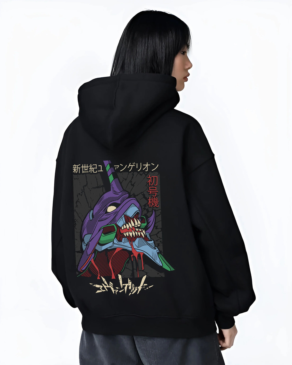 Black hoodie female model back view showing Evangelion Unit-01: purple Unit-01 mechanical face