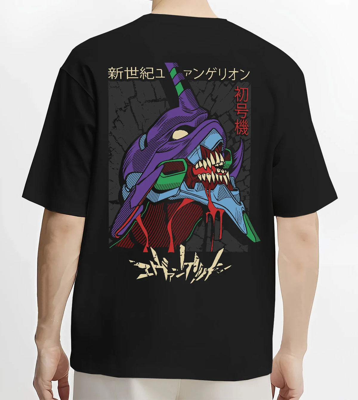 Black T-shirt model back view showing Evangelion Unit-01: purple Unit-01 mechanical face