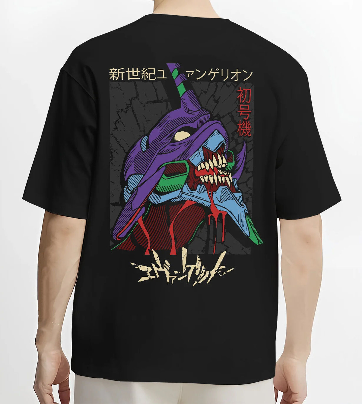 Black T-shirt model back view showing Evangelion Unit-01: purple Unit-01 mechanical face
