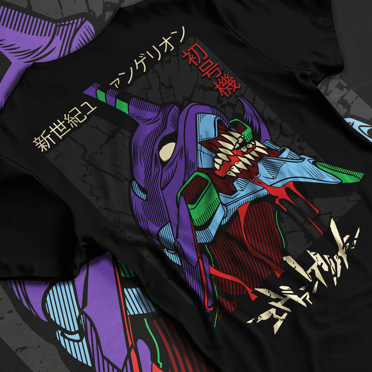 Black T-shirt flat back view showing Evangelion Unit-01: purple Unit-01 mechanical face
