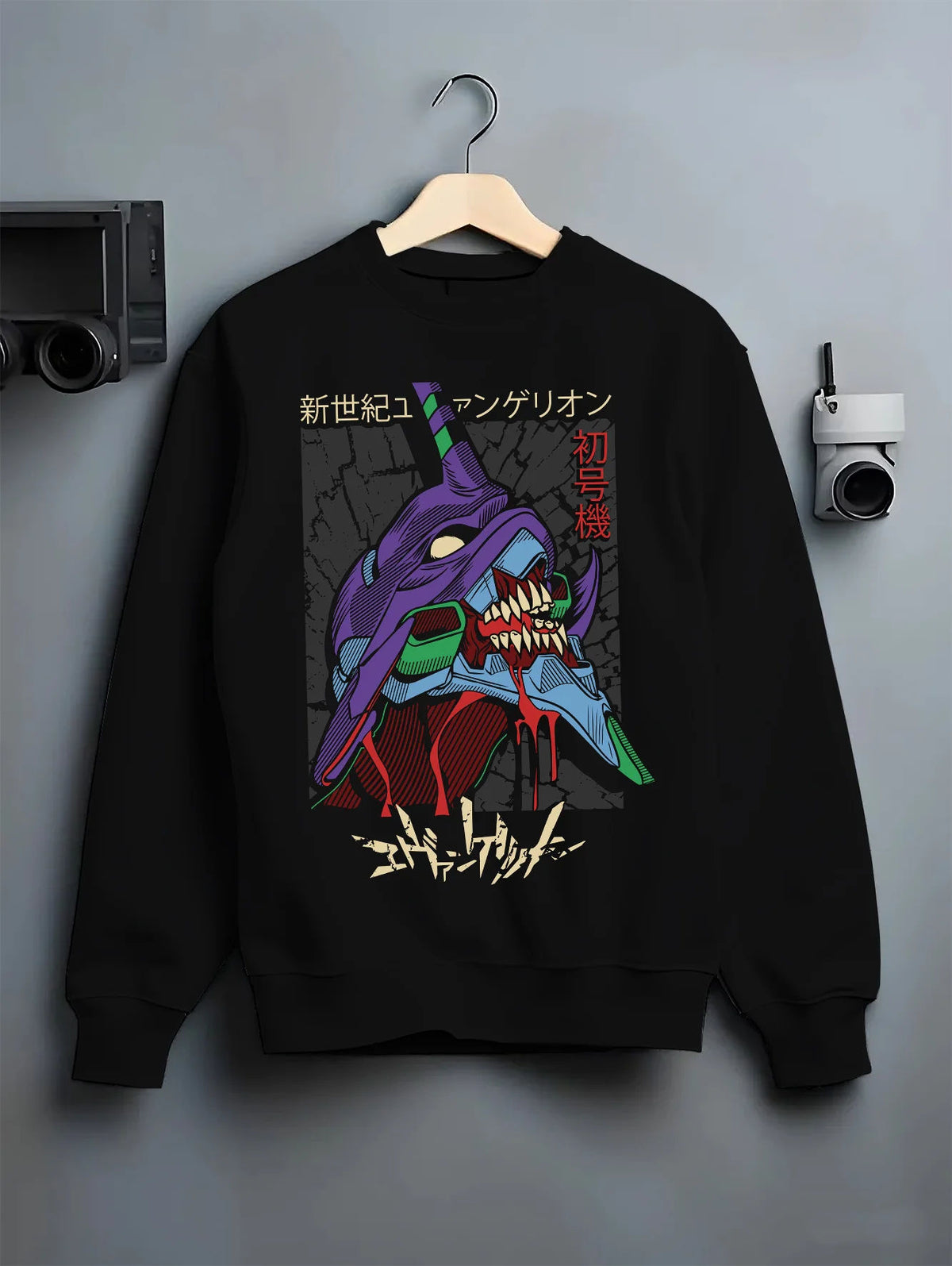 Black crewneck sweatshirt on hanger showing Evangelion Unit-01: purple Unit-01 mechanical face