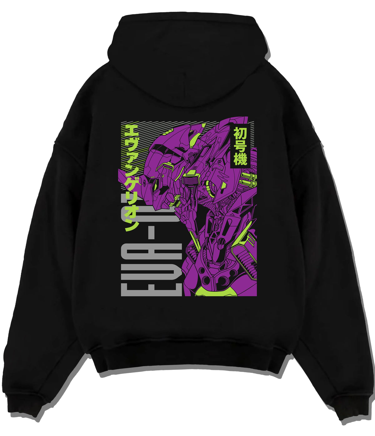 Black hoodie flat back view showing Evangelion Unit-01: purple technical anime diagram