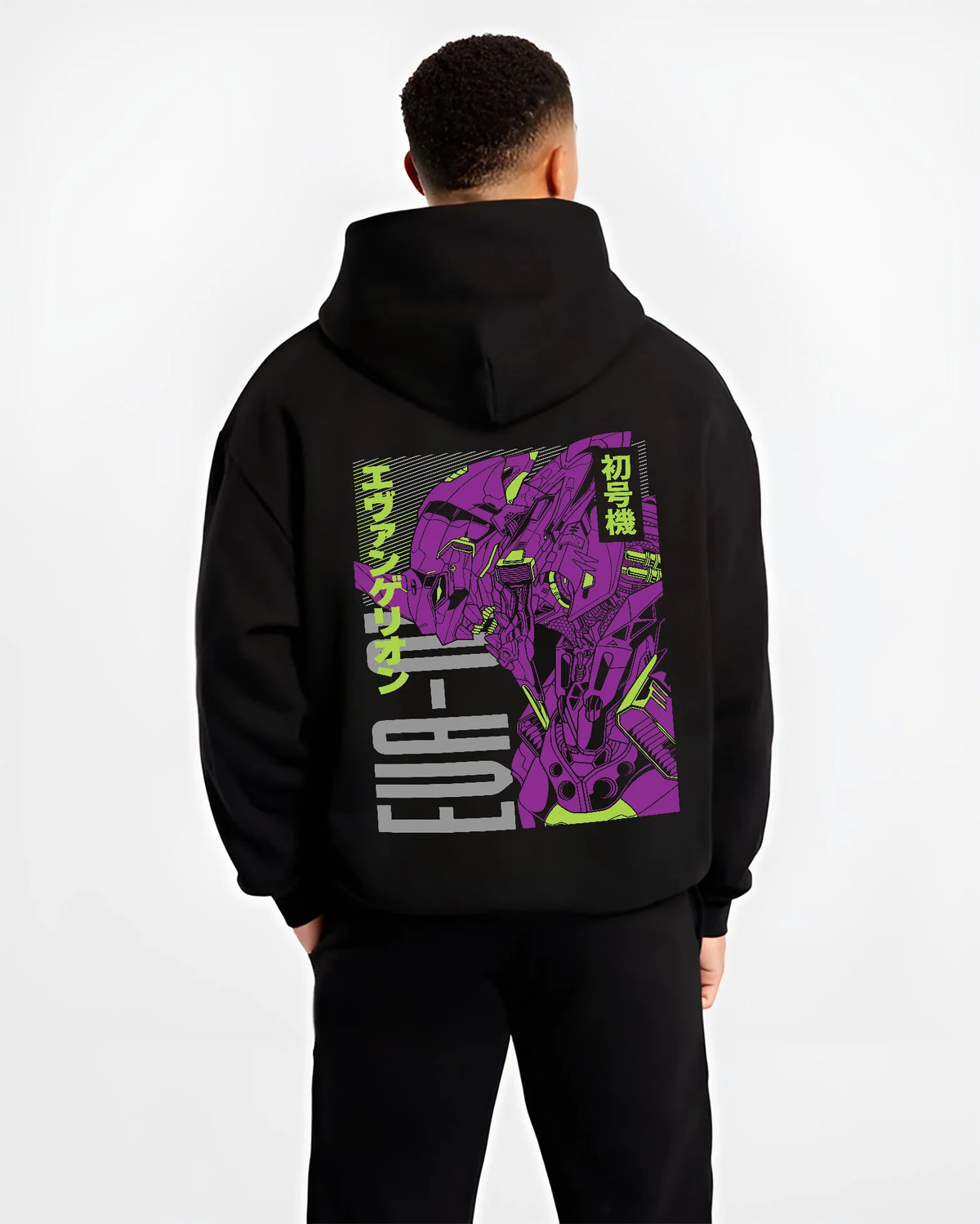 Black hoodie model back view showing Evangelion Unit-01: purple technical anime diagram