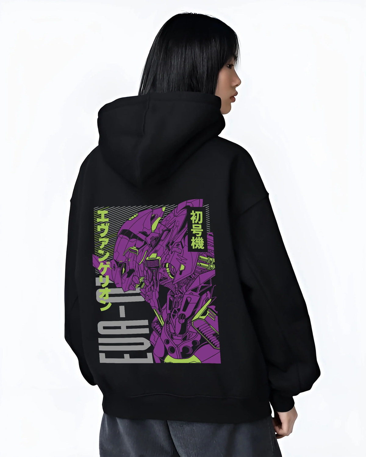 Black hoodie female model back view showing Evangelion Unit-01: purple technical anime diagram