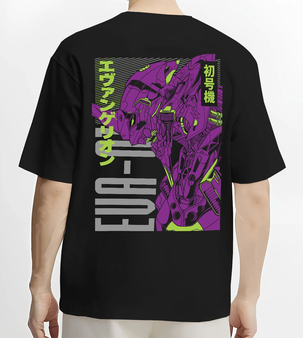 Black T-shirt model back view showing Evangelion Unit-01: purple technical anime diagram