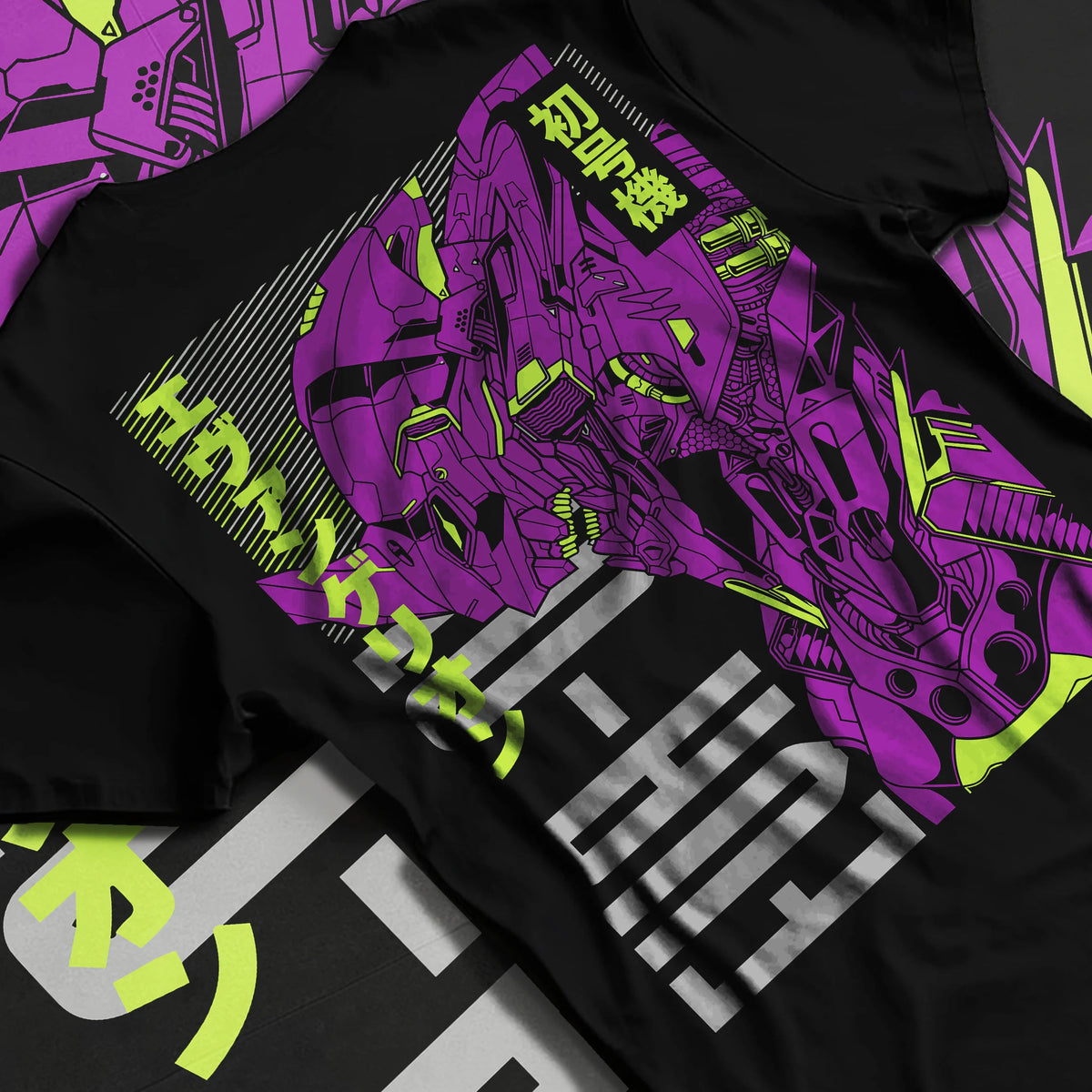 Black T-shirt flat back view showing Evangelion Unit-01: purple technical anime diagram