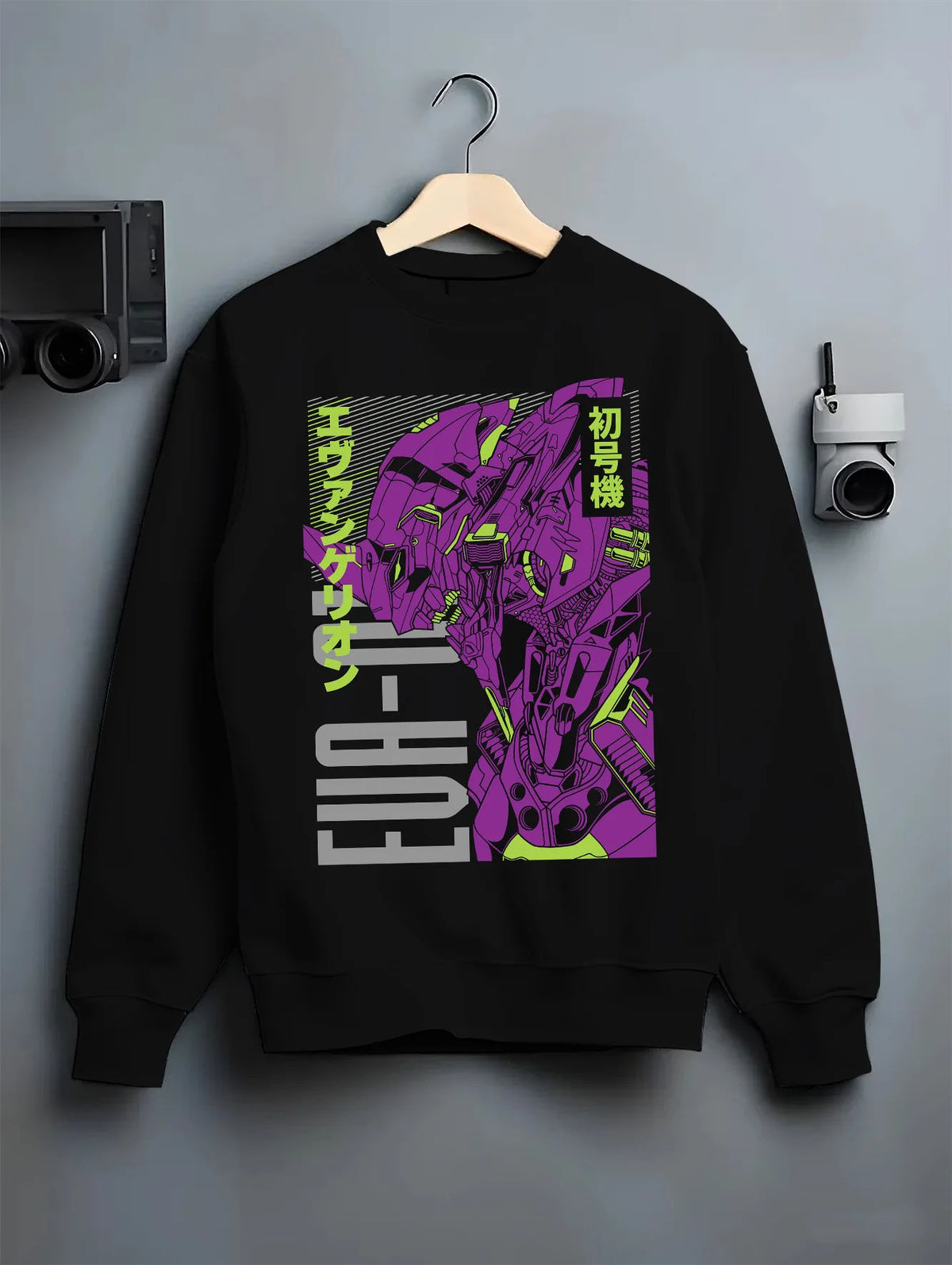 Black crewneck sweatshirt on hanger showing Evangelion Unit-01: purple technical anime diagram