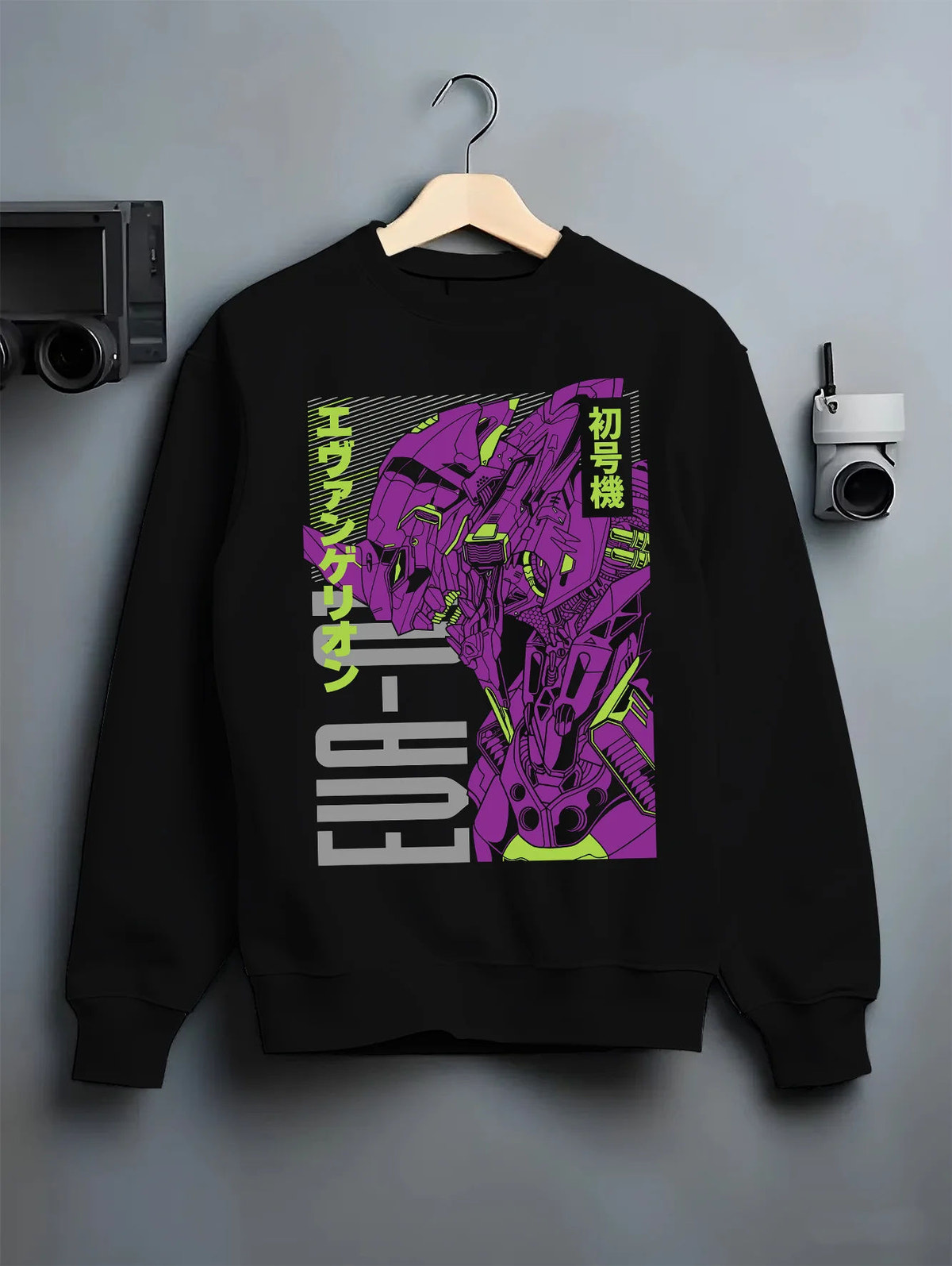 Black crewneck sweatshirt on hanger showing Evangelion Unit-01: purple technical anime diagram