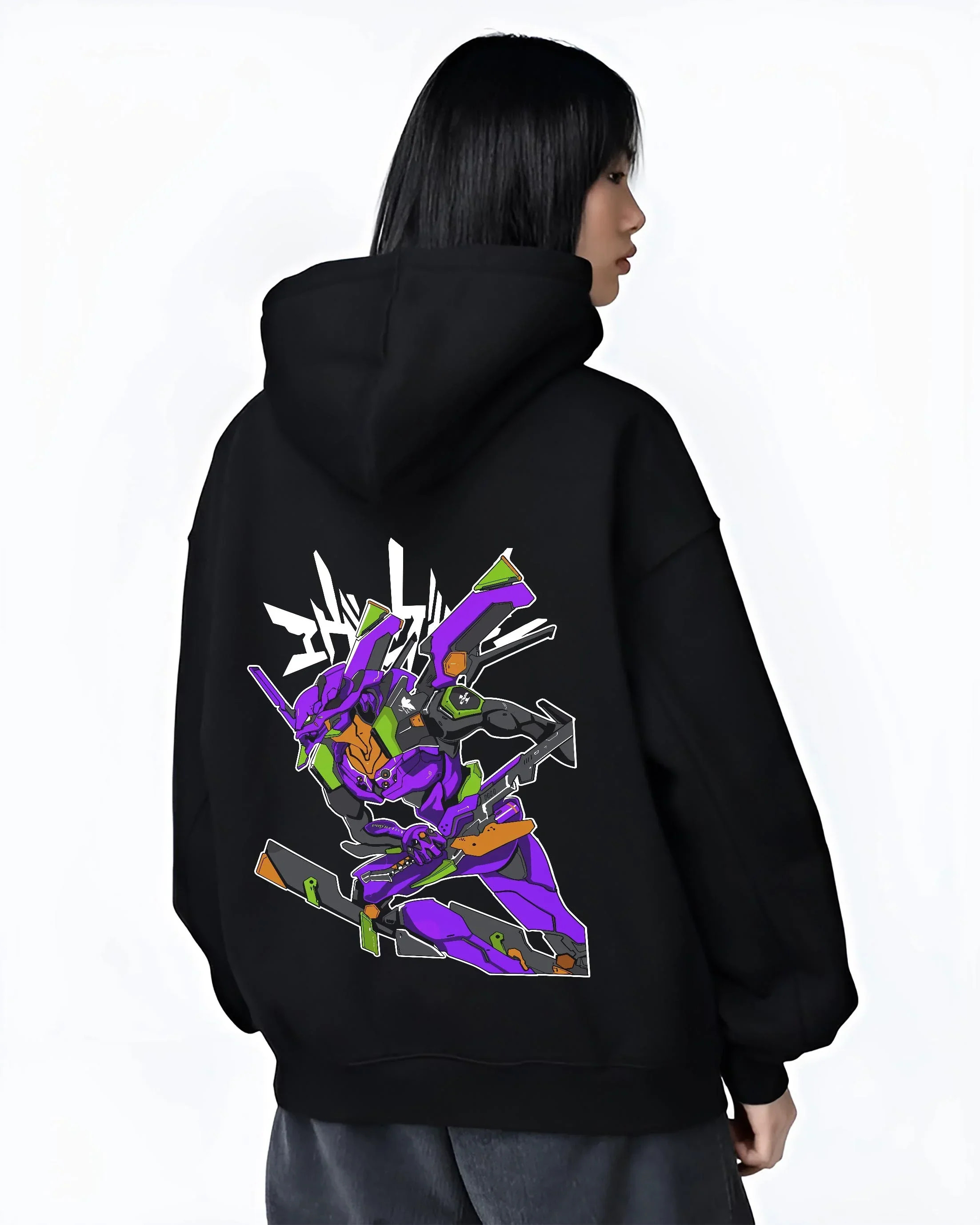 Black hoodie worn by female model, back view with Evangelion Unit 01 Hoodie Neon Genesis Battle Mode graphic bold anime graphic.