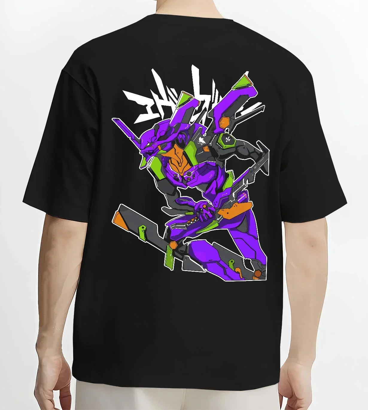 Black T-shirt worn by male model, back view with Evangelion Unit 01 Hoodie Neon Genesis Battle Mode graphic bold anime graphic.