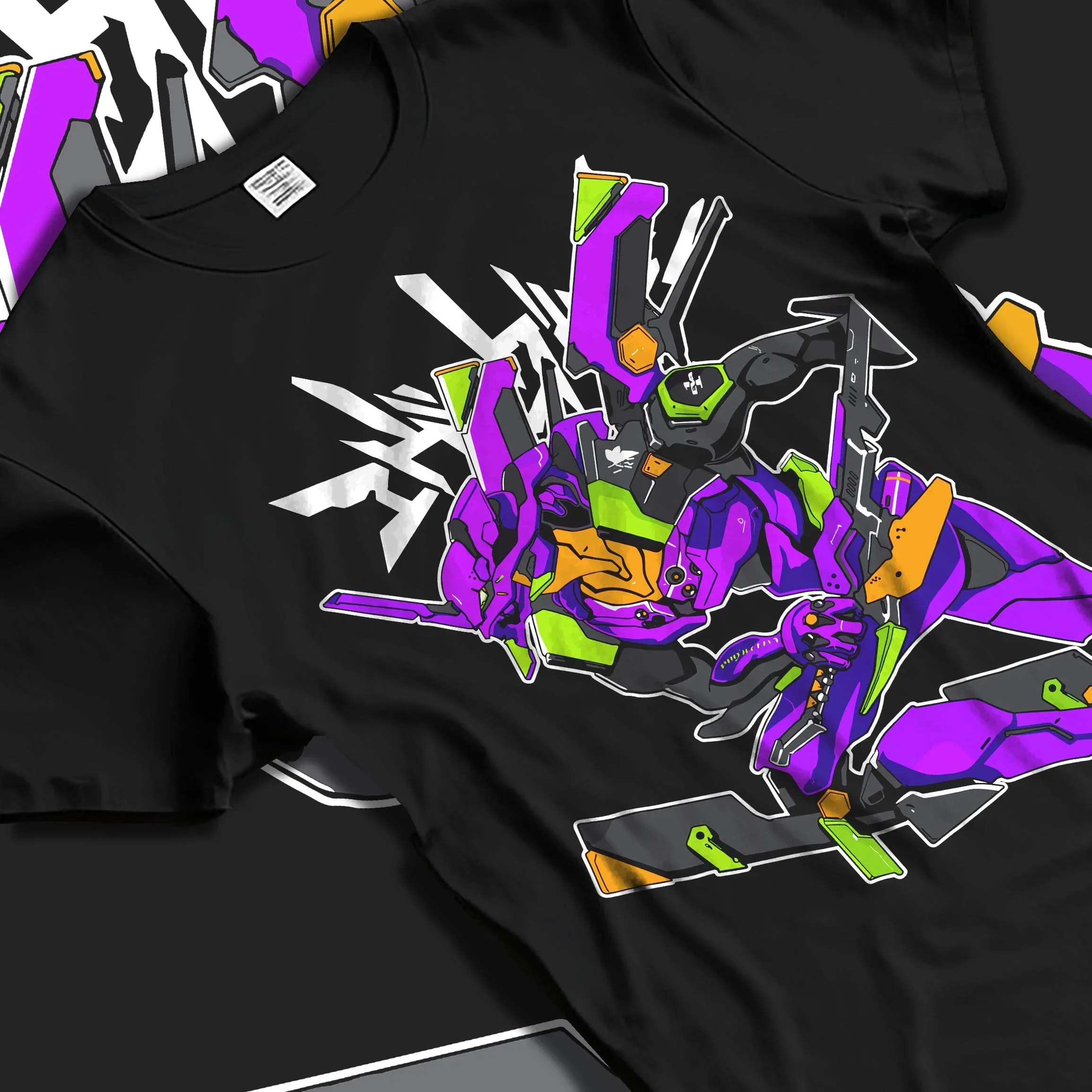 Black T-shirt laid flat with natural folds with Evangelion Unit 01 Hoodie Neon Genesis Battle Mode graphic bold anime graphic.