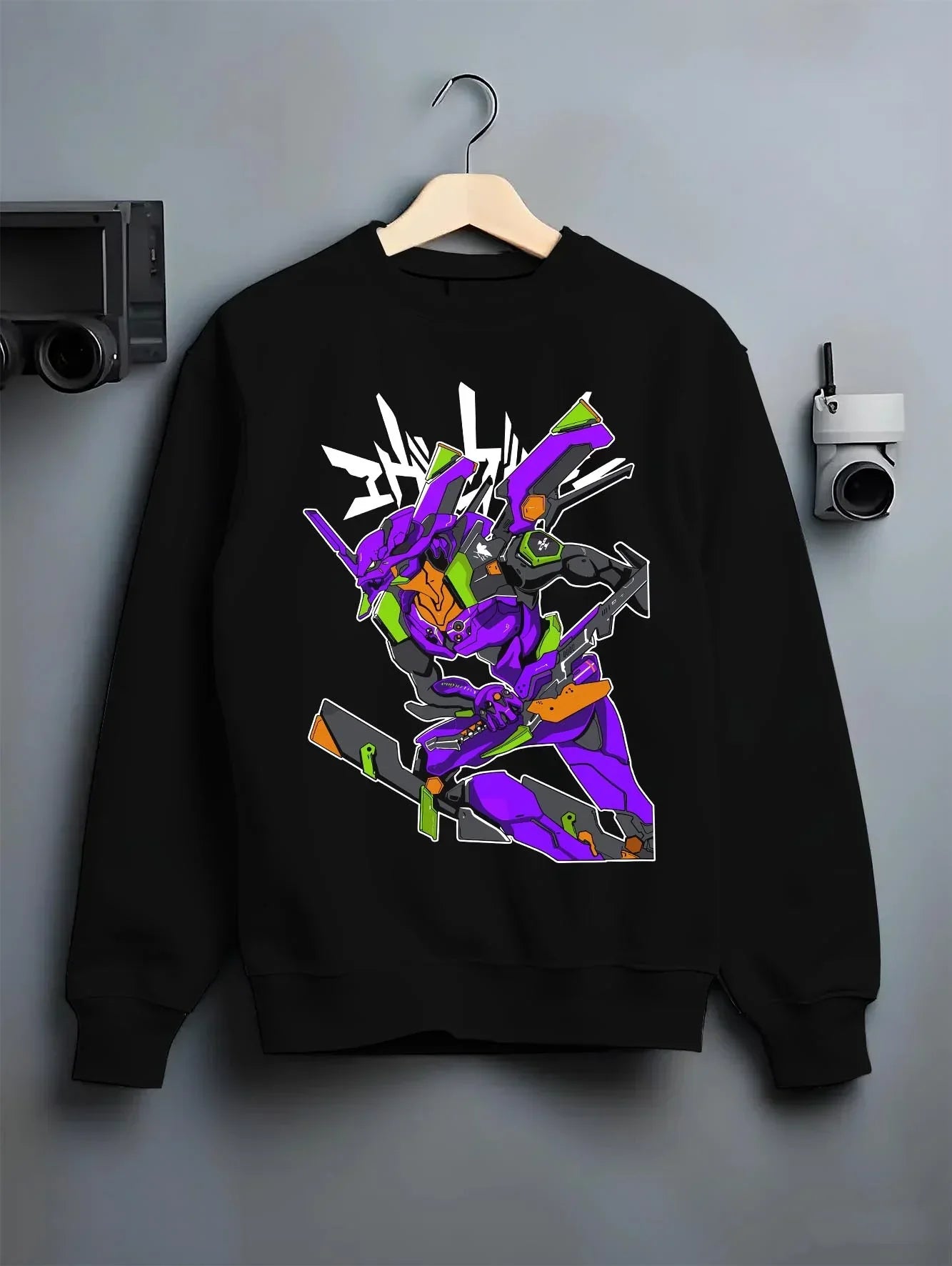 Black crewneck sweatshirt on hanger with Evangelion Unit 01 Hoodie Neon Genesis Battle Mode graphic premium wear.