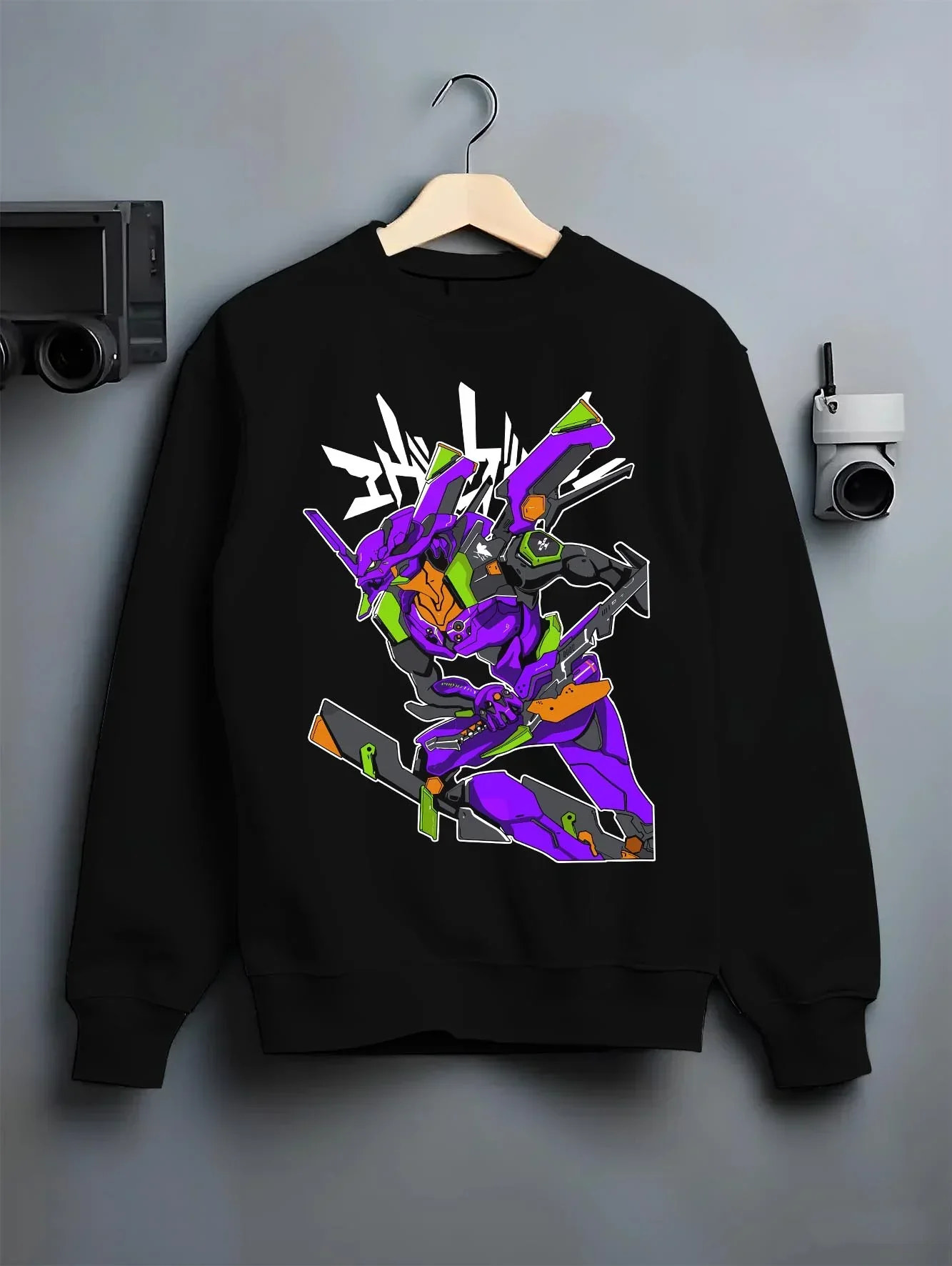 Black crewneck sweatshirt on hanger with Evangelion Unit 01 Hoodie Neon Genesis Battle Mode graphic premium wear.
