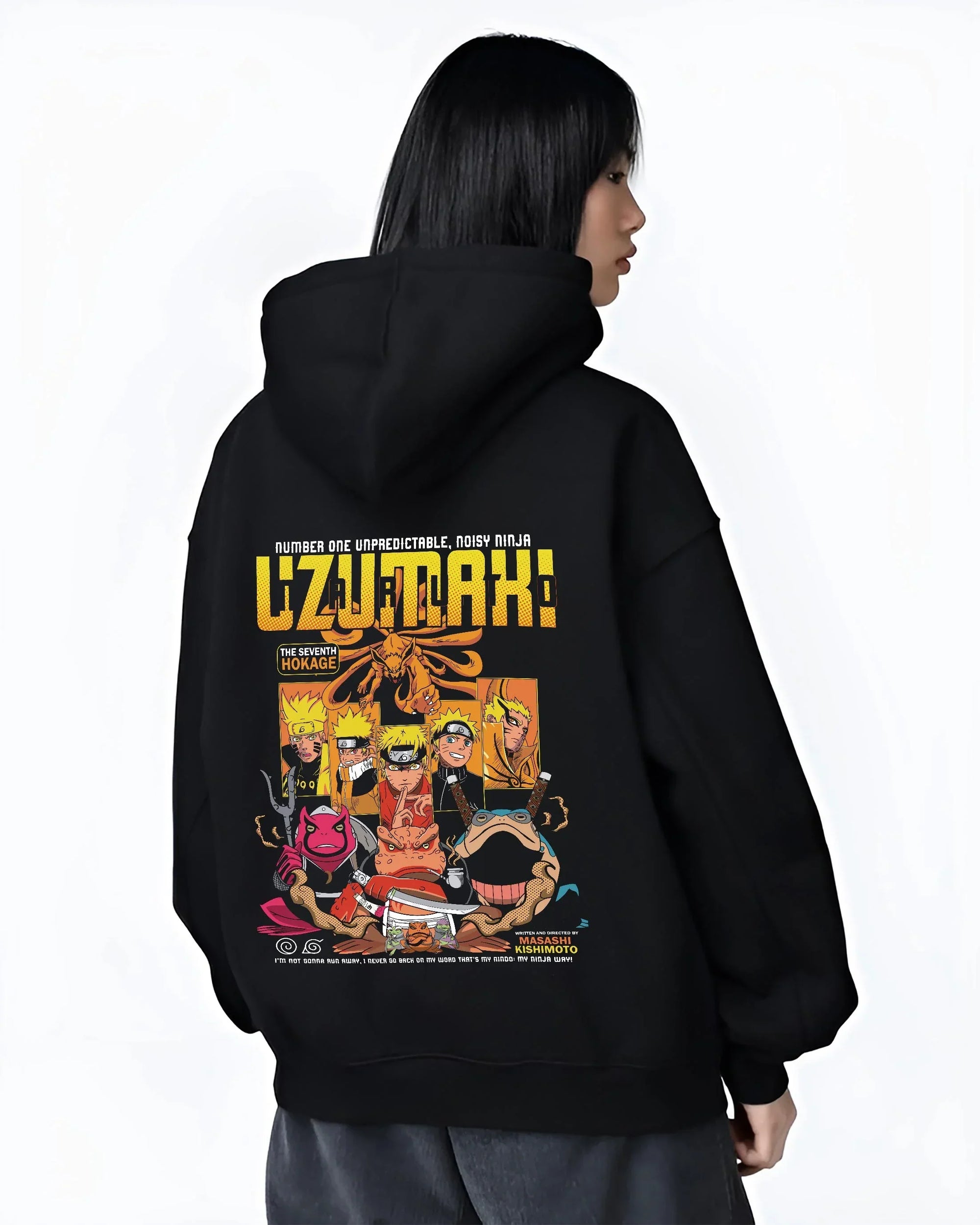Black hoodie worn by female model, back view with Naruto Hoodie Uzumaki Hokage Legacy Anime Jumper graphic streetwear graphic.