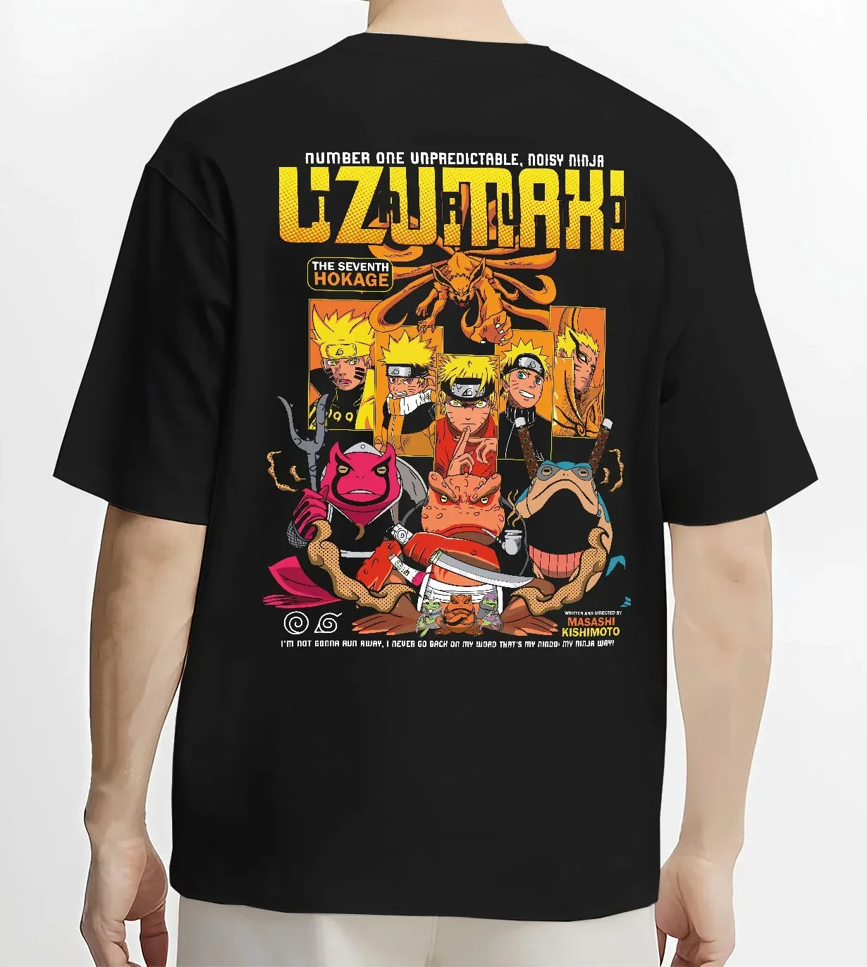 Black T-shirt worn by male model, back view with Naruto Hoodie Uzumaki Hokage Legacy Anime Jumper graphic premium wear.