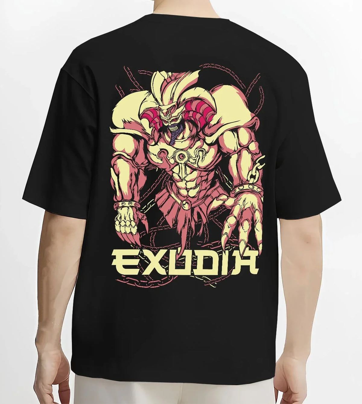 Black T-shirt worn by male model, back view with Exodia Hoodie Yu-Gi-Oh Legendary Forbidden Monster graphic premium wear.